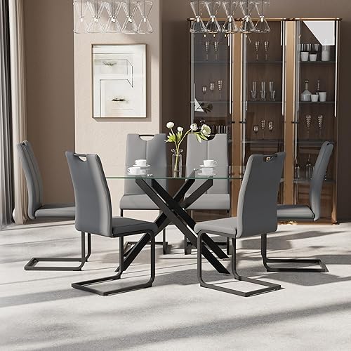 Miniatura 21 de Juego de mesa de comedor de 7 piezas para 6, mesa rectangular moderna de cristal con 6 sillas tapizadas de cuero, juegos de mesa y sillas de comedor