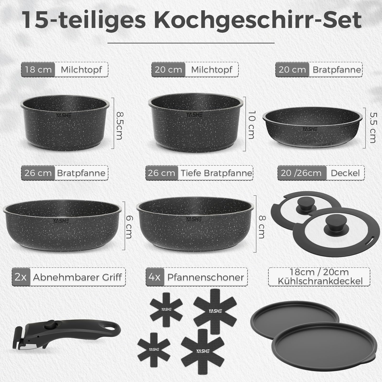 YASHE 15-teiliges Kochgeschirr-Set, Töpfe und Pfannen mit Granit-Antihaftbeschichtung, abnehmbare Griffe, stapelbar, leicht zu reinigen, kompatibel mit Induktion, Gas und Glaskeramik