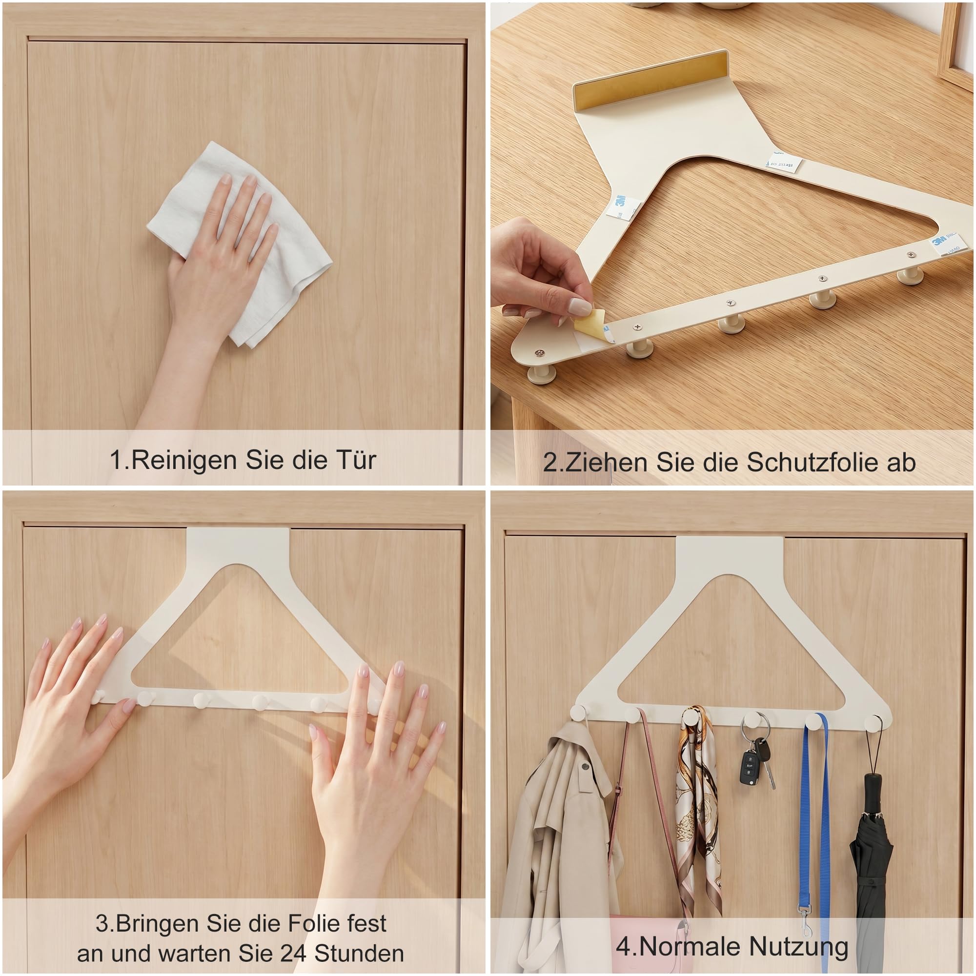 JOOM Gancho para puerta de metal con 6 ganchos, perchero de puerta para ropa, sombreros, perchas, monederos, toallas, llaves, autoadhesivos, sin taladrar, color blanco lechoso