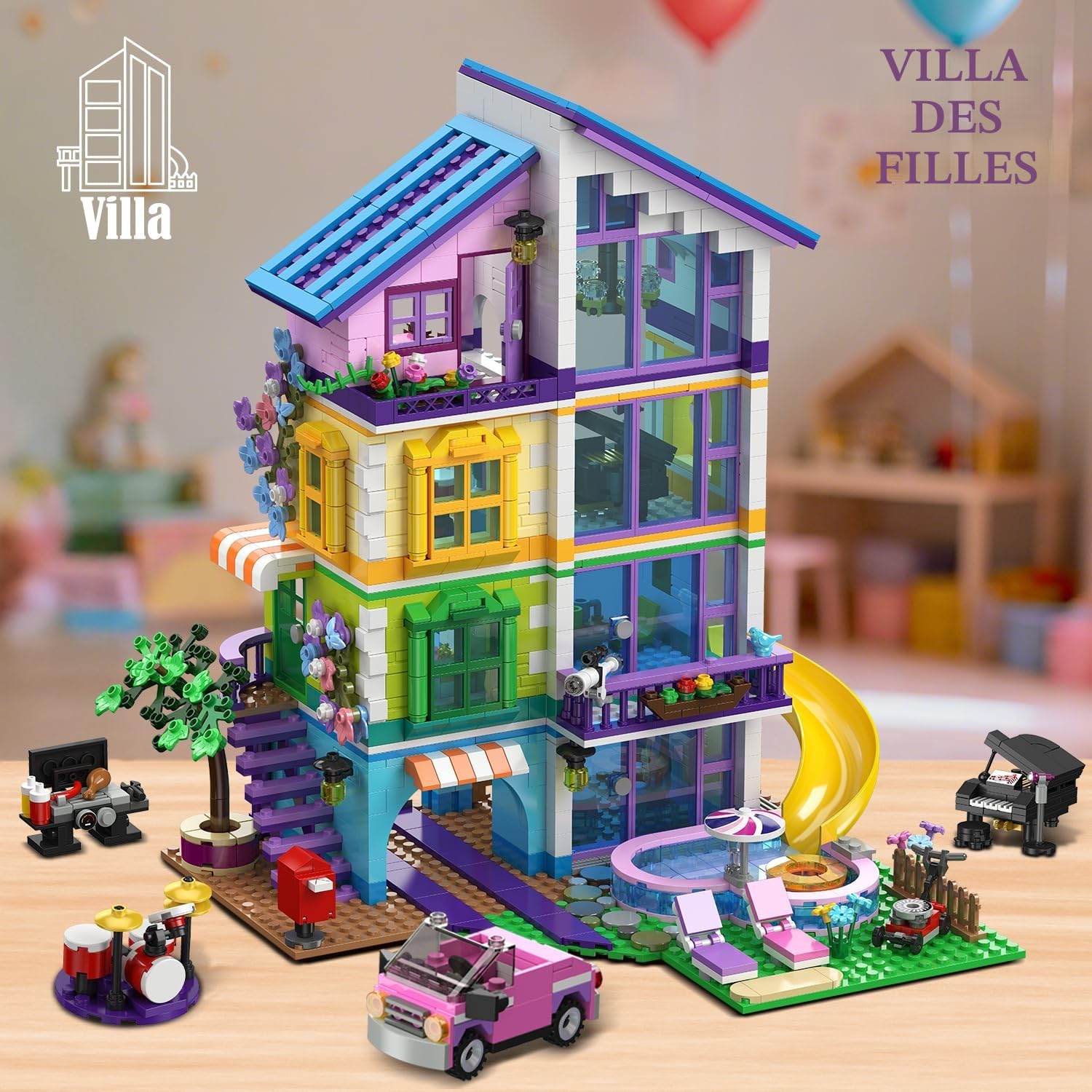 CUBIMANA Friends Maison de Filles avec Lumière LED pour Enfant de 6+ Ans | Kit de Construction Fille avec Voiture et Piscine, 1317PCS Maison Jeu de Rôle, Cadeau Noël Anniversaire pour Fille Garçon