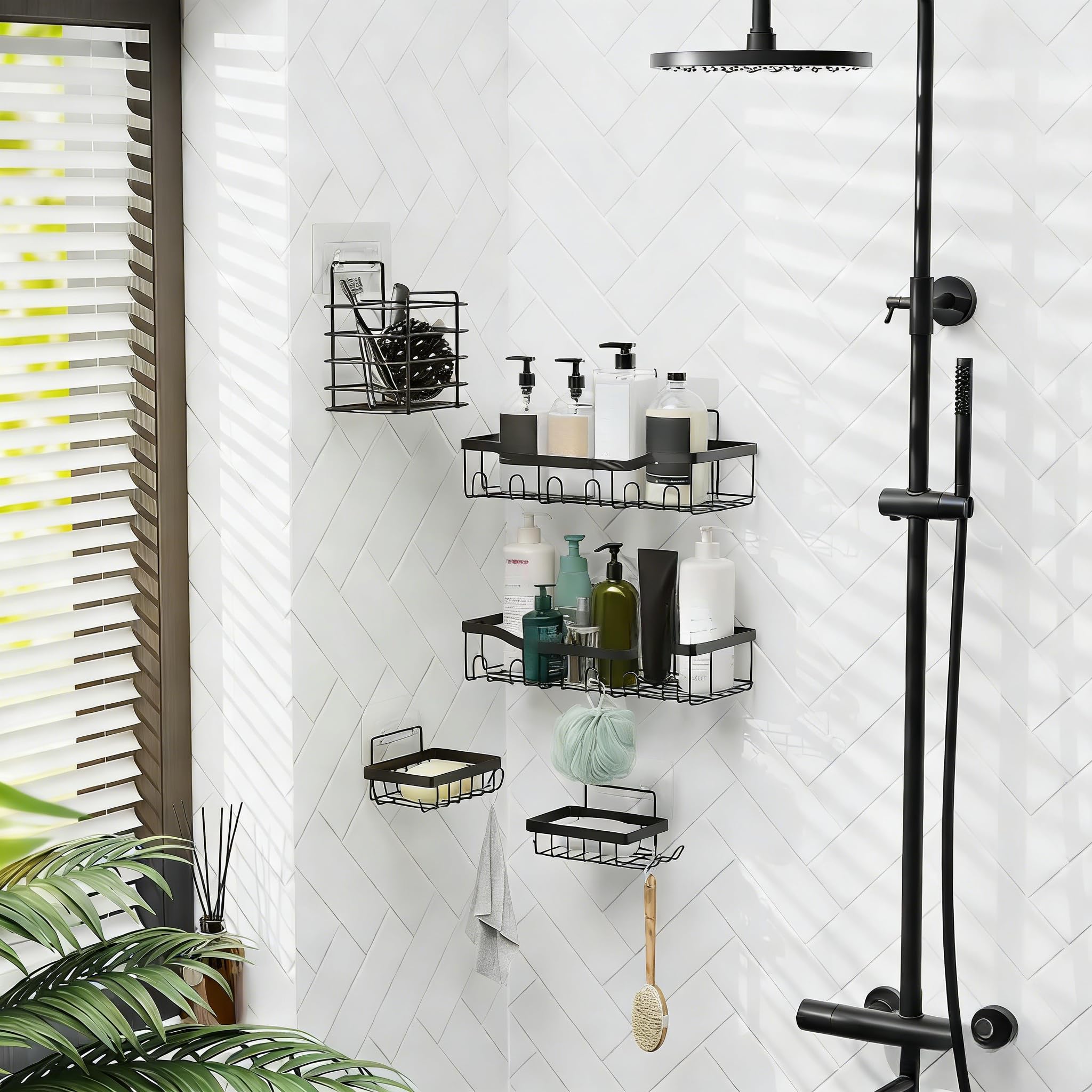 Strong adhesive stainless steel shower caddy bathroom accessories rustproof shower storage rack 5-piece set black