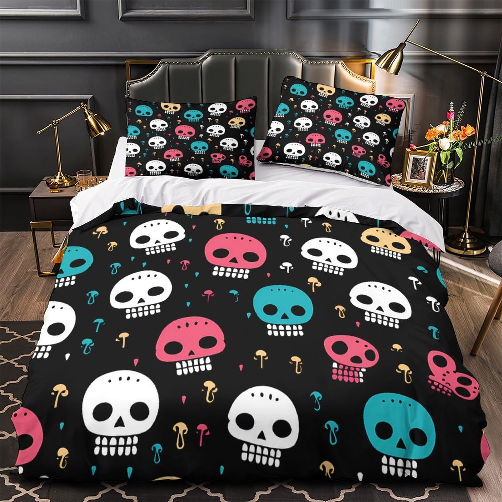 MMDASBVPE Skull Pattern Quilt Cover 3D Print Easy Care 3PCs Bed Linen Hidden Zipper Comforter Cover Super Soft Anti-allergic for Adults Teens Women Kids Girls Boys Youth Super king（260x220cm）