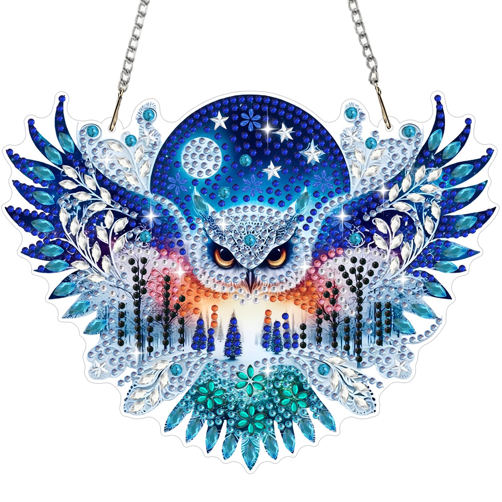 Bowetile Moon Owl Diamond Painting Hanging Ornament with Chain, Easter Animal Diamond Painting Pendant Kits for Adults Beginners Kids, Diamond Crystal Gem Arts Crafts Kit Gift for Home Wall Decor