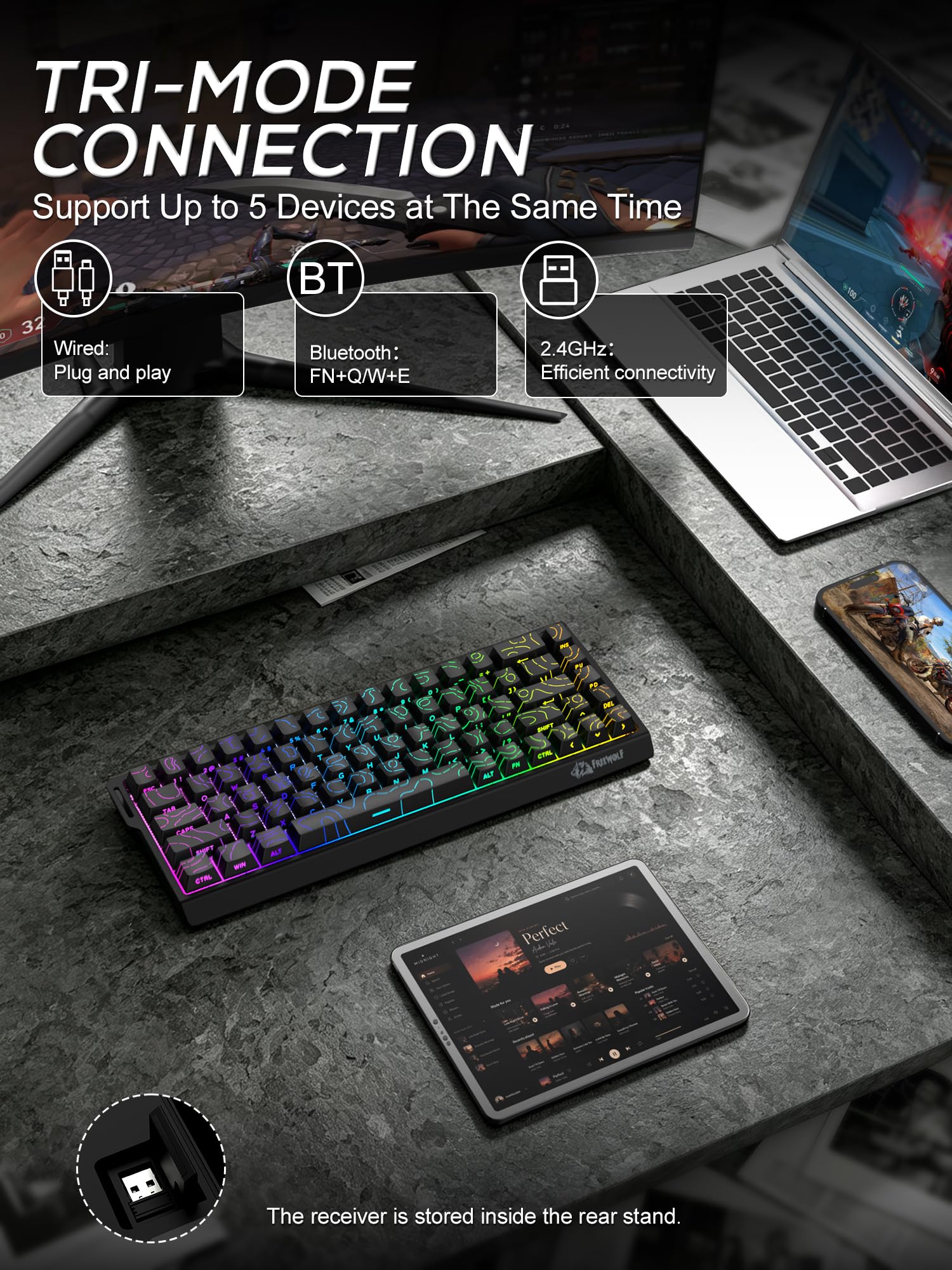 ZIYOU LANG S68 PRO Tastiera Computer Wireless RGB Compatta 60%(QWERTY)-Nero