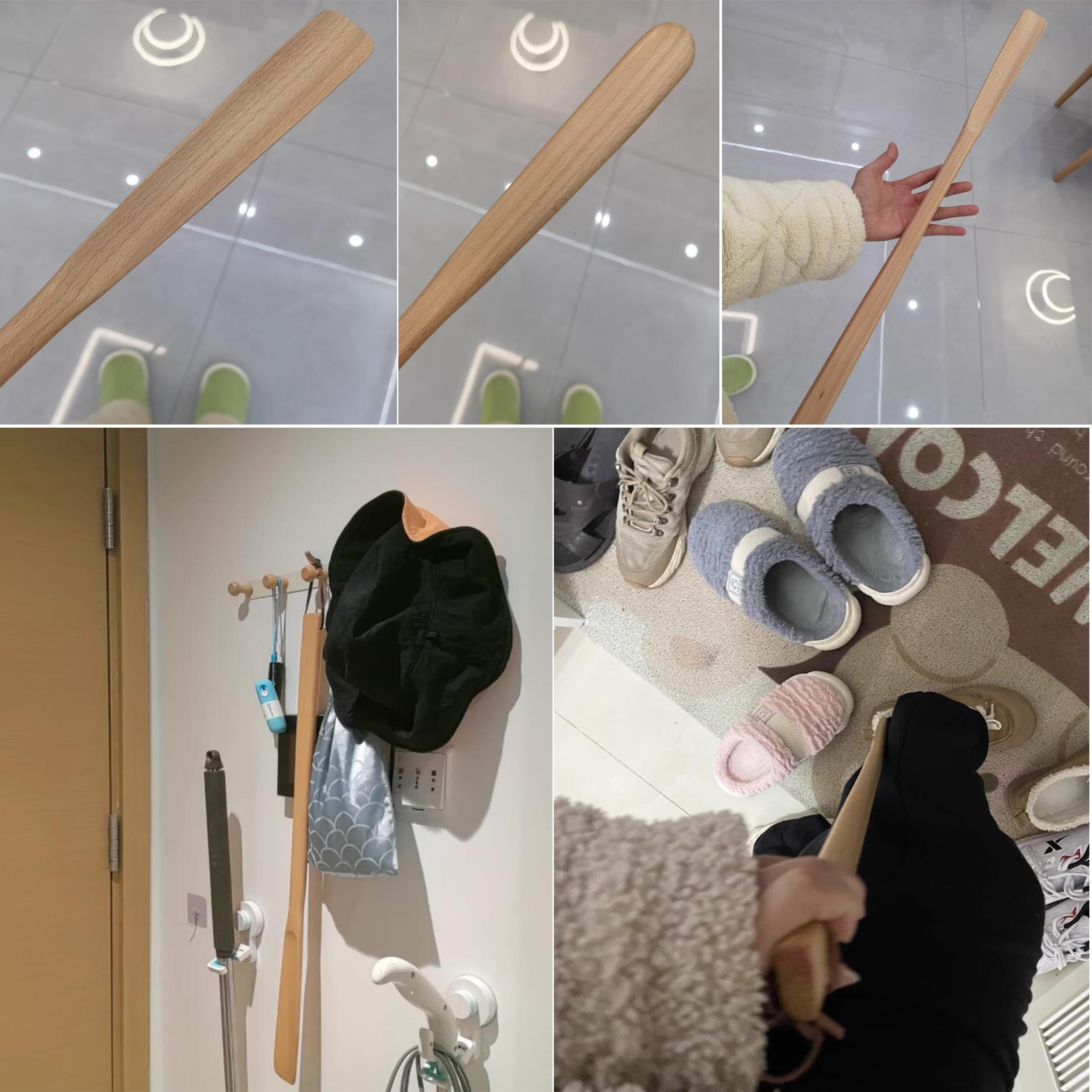 Łyżka do butów z drewna, długość 72 cm, naturalny materiał drewniany, ze skórzanym paskiem, pomoc w zakładaniu butów