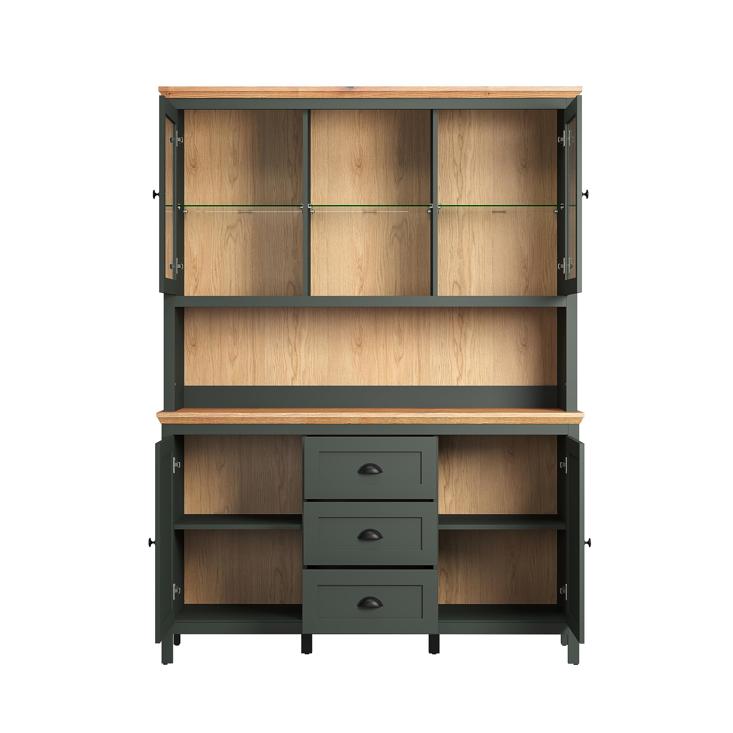 trendteam smart living - Stanton - Buffetschrank - Tannengrün/Evoke Eiche - Vitrine inklusive Beleuchtung mit 4 Türen, 3 Schubladen (BxHxT) 146 x 198 x 45 cm - Landhausstil