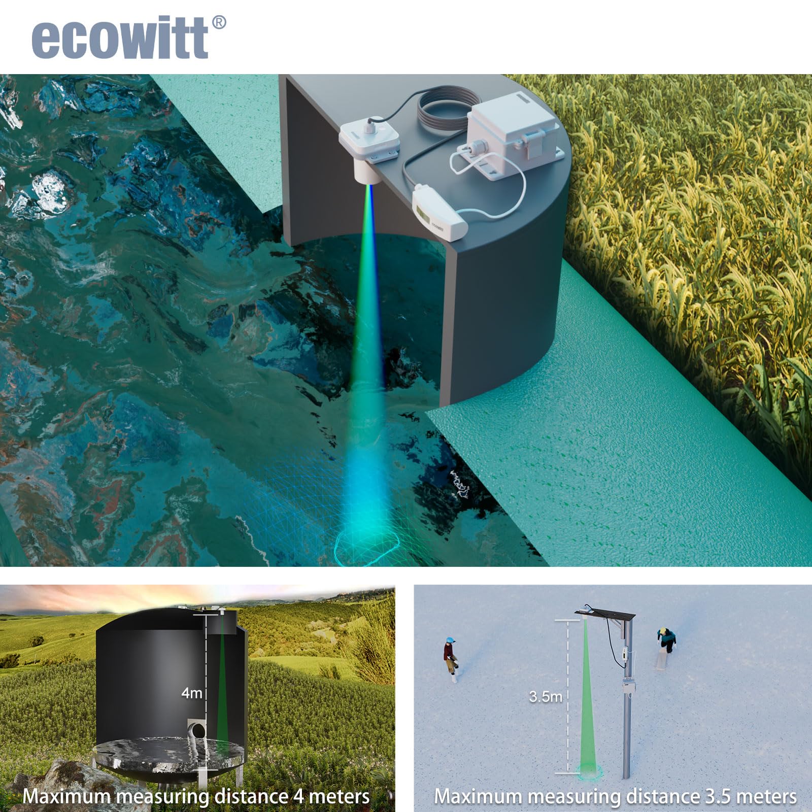 ECOWITT LDS01 Misuratore di distanza laser, dispositivo di misura laser da 4 m con cavo da 1,5 m, strumento di misura laser da esterno per livello dell'acqua/neve/profondità dell'olio con display LCD