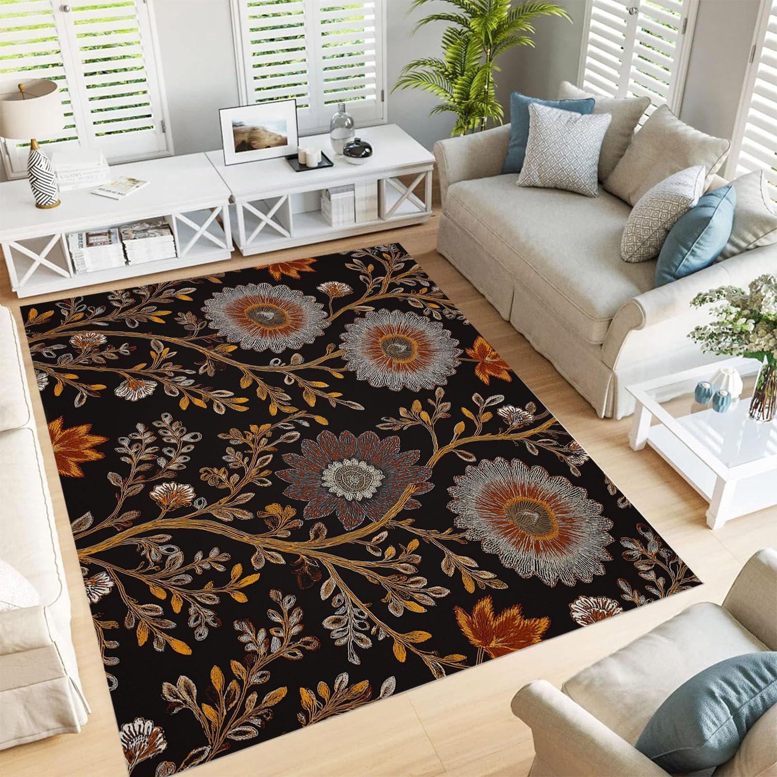 Tapis traditionnel brun rouille broderie fleurs de vigne 80x150