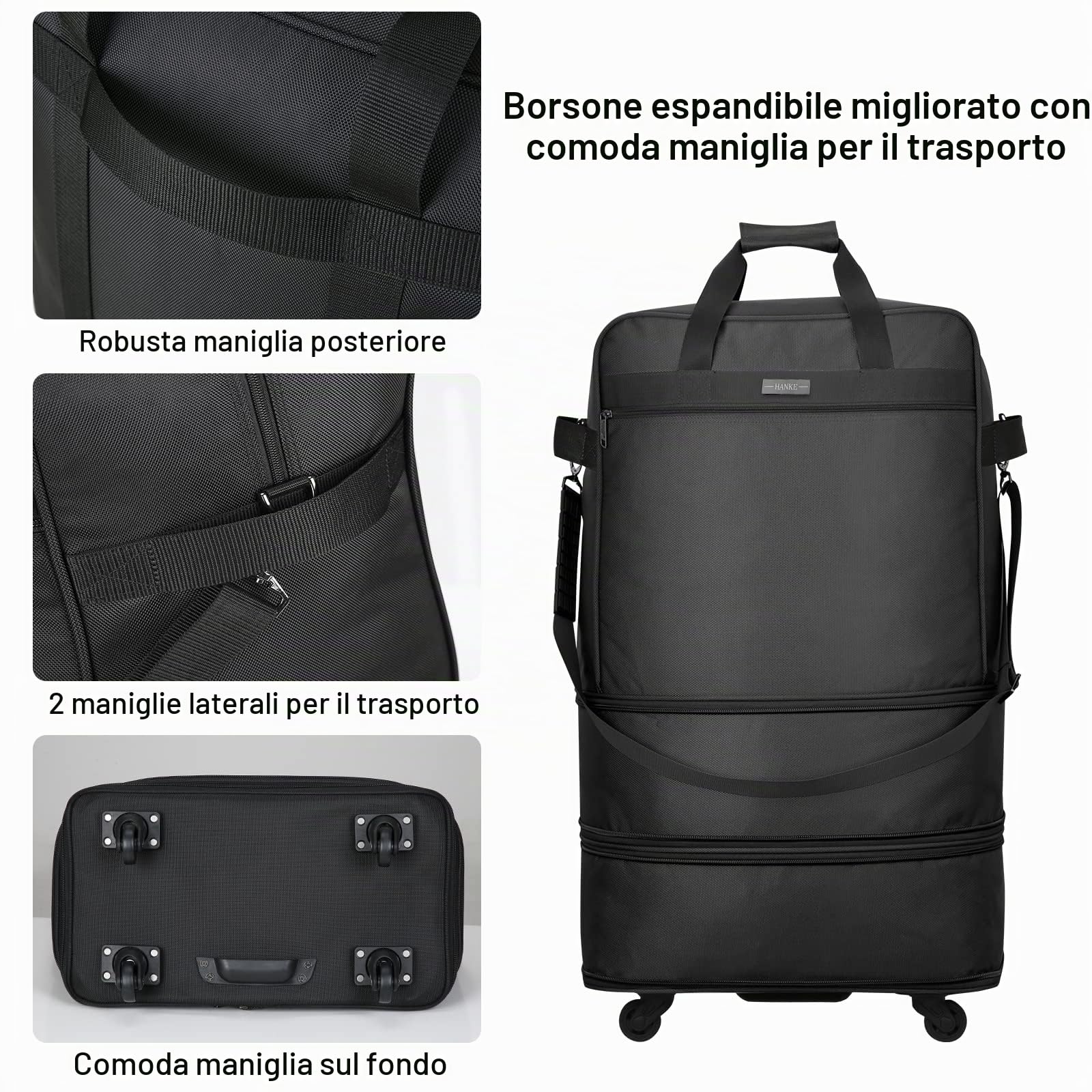 Hanke, Valigia con ruote espandibile, pieghevole, borsa da viaggio pieghevole per uomini e donne valigia leggera senza manico telescopico