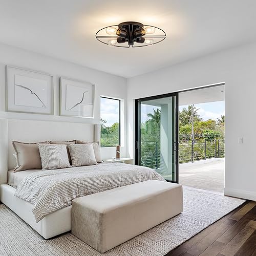 Miniatura 7 de Lámpara Sputnik de 4 Luces Negra de Montaje al Ras Luces de Techo Industrial de Madera 21" Luces de Techo Modernas Estilo Granja para Cocina Negro