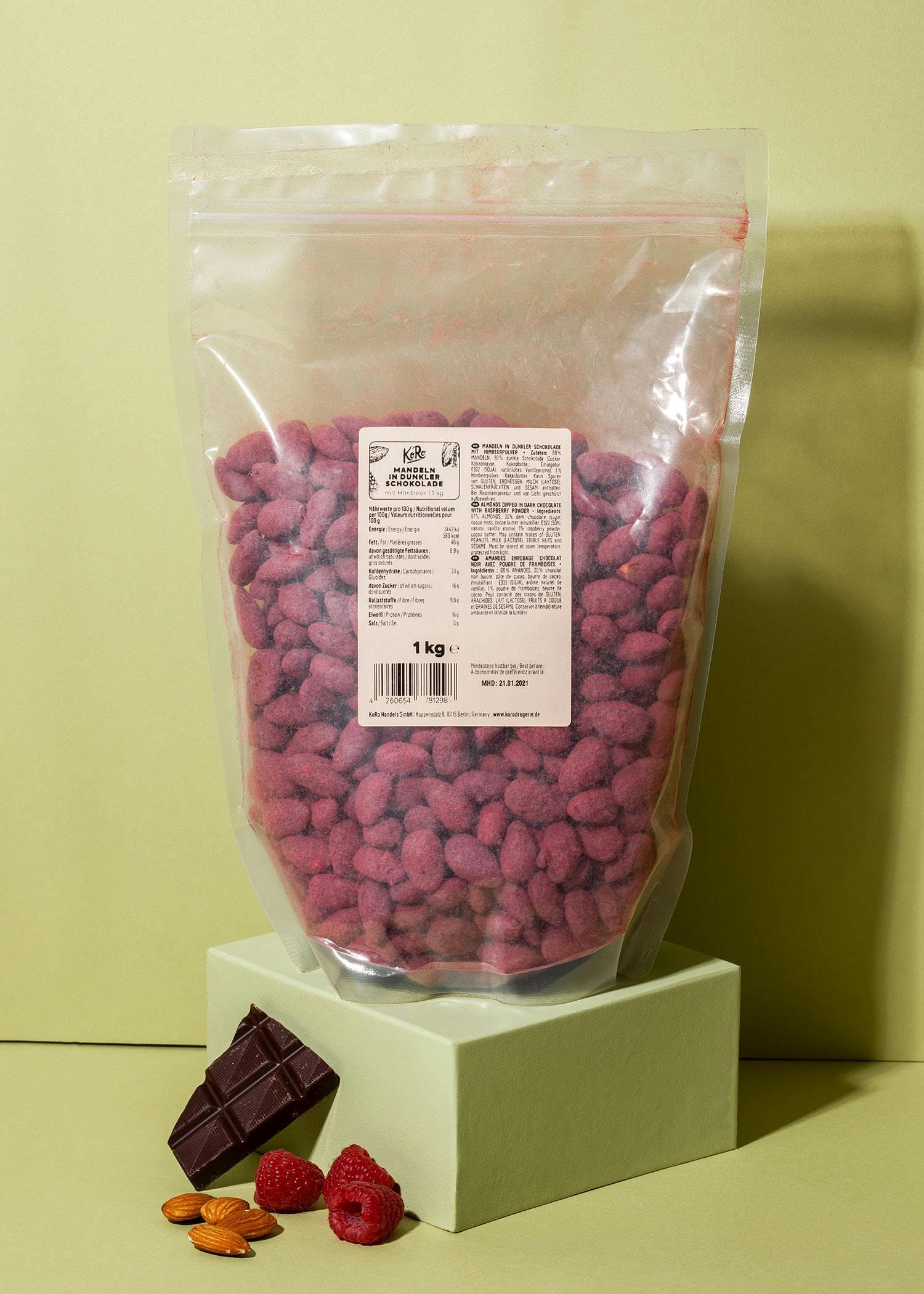 KoRo - Amandes au chocolat poudre de framboises lyophilisées 1 kg - Une tentation chocolatée