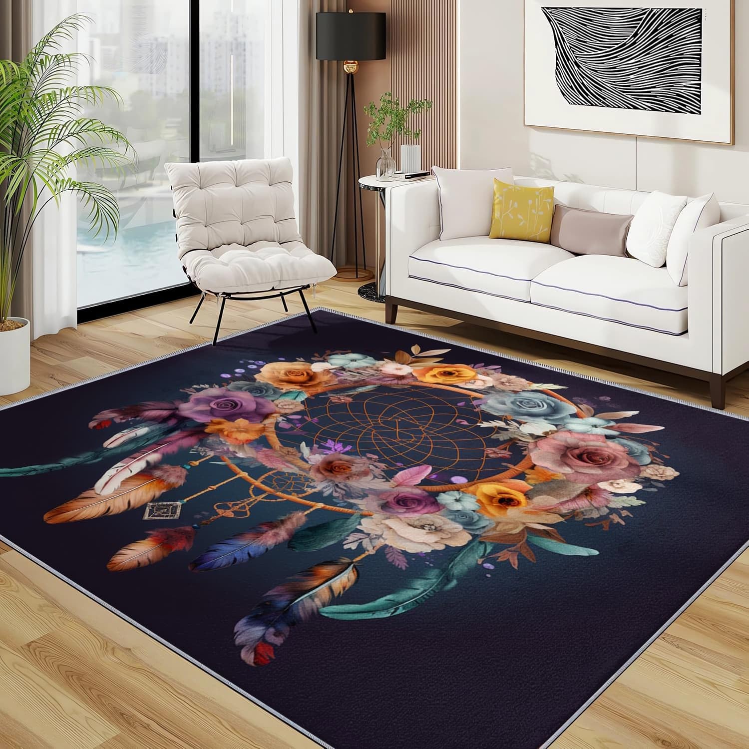 Dywan do wnętrz 200 x 300 cm Łapacz snów w stylu czeskim girlanda miękka i wygodna, ciemnoniebieska mata z krótkim włosiem antypoślizgowa podstawa idealna do salonu, sypialni i korytarza