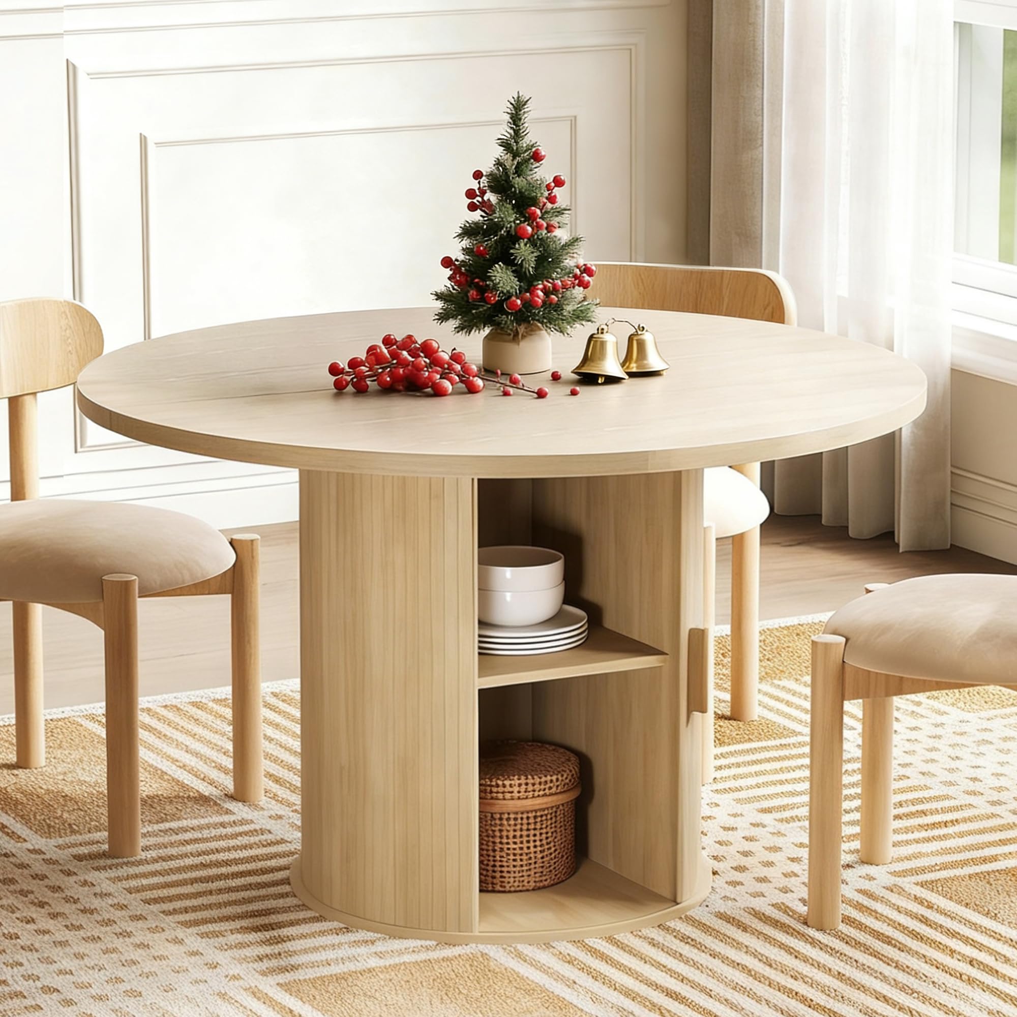 LINLUX 47-inch Round Dining Table with Storage, Modern Fluted Design Side Shelf for Dining Room, Kitchen, Perfect for 4-6 People (Natural Wood)