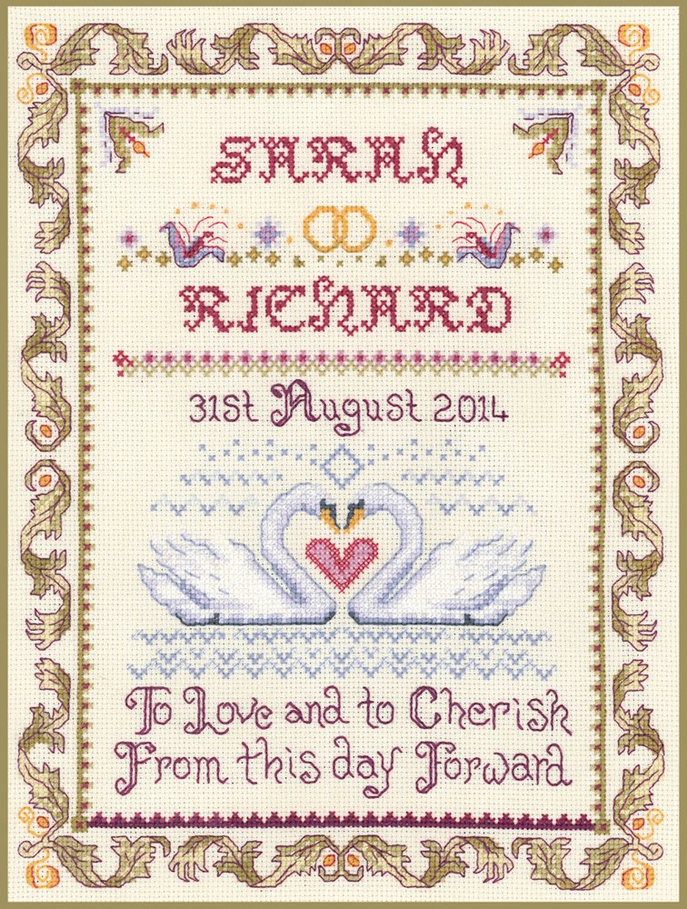 Lifetime Samplers Swans Wedding Sampler - Complete Cross Stitch kit on 14 aida with Clear Colour Chart