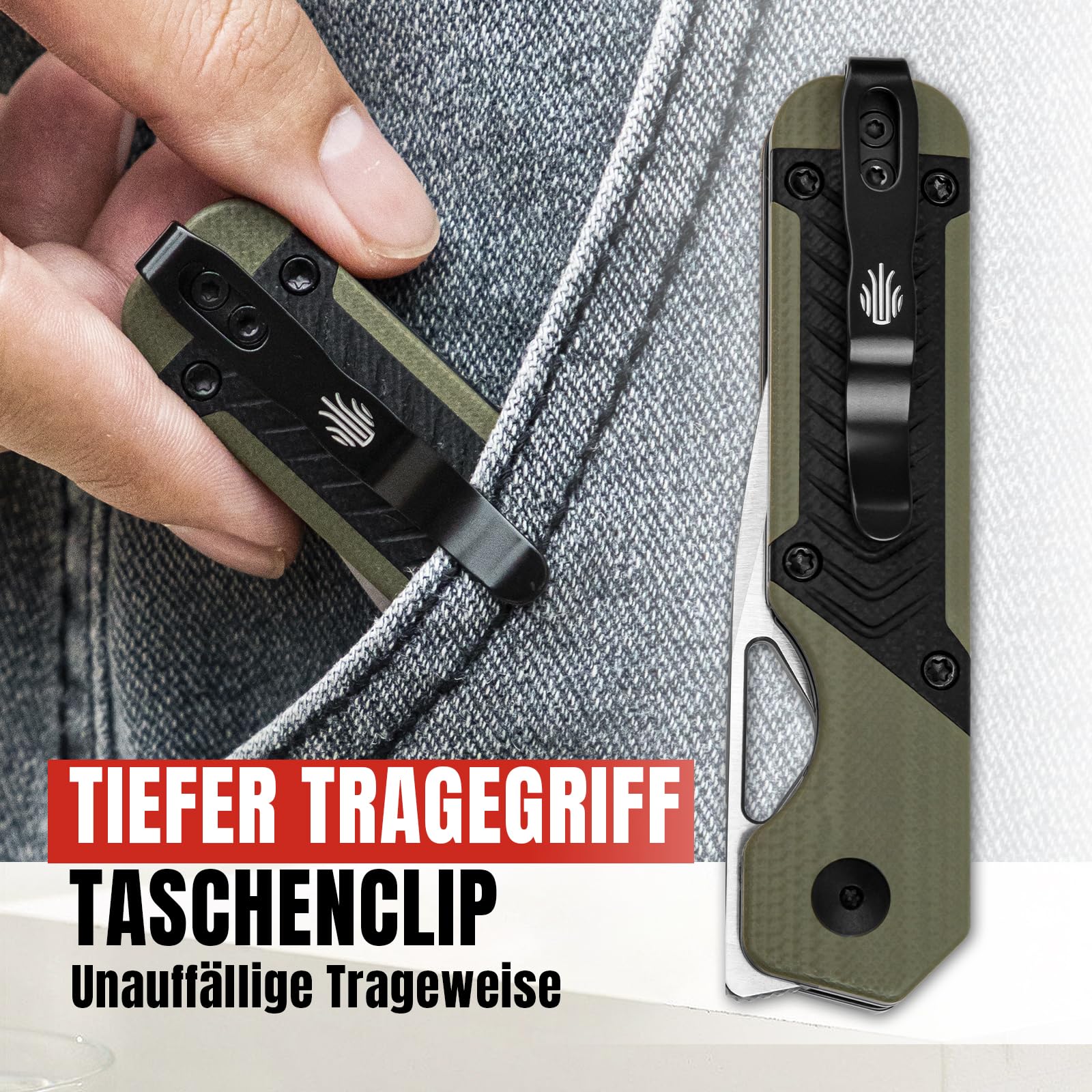 Kizer Mini Militaw V3634SA6 Navaja EDC, Nitro-V 7.16 cm, G10 Negro/Verde - Camping Caza Regalo Hombre Mujer