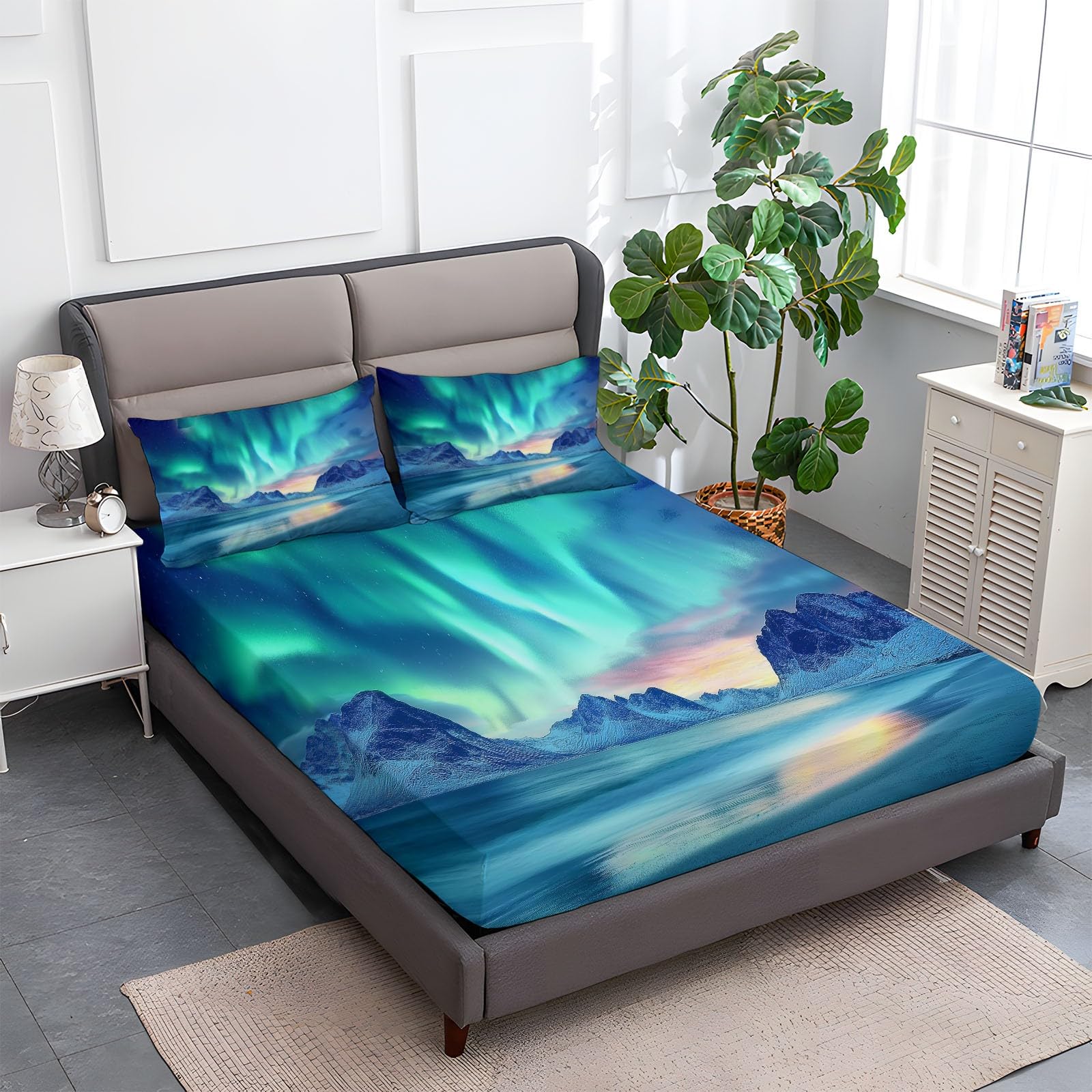 lenzuolo con angoli stampati 160 x 200 cm Montagna Innevata Con Aurora Boreale Naturale, Soft And Wrinkle Free Luxurious Microfiber Set di lenzuolafacile da pulire per una tasca profonda 30 cm, Colore