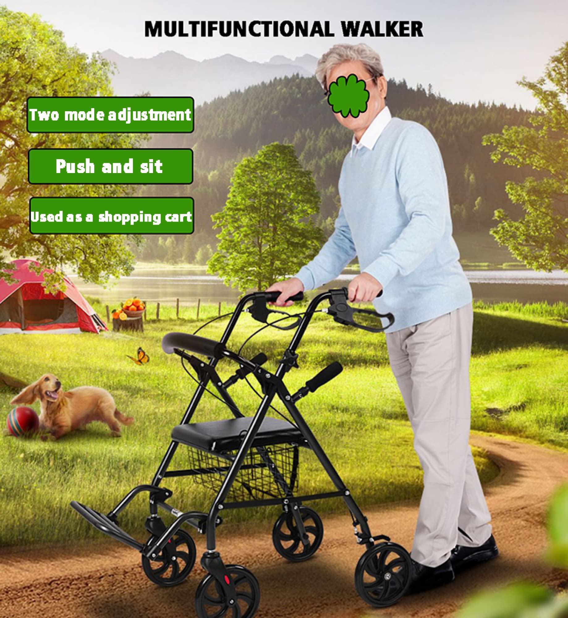 Andador con ruedas y silla de transporte 2 en 1 - Combo de silla de ruedas con andador plegable con asiento y reposapiés para personas mayores - Andador de 4 ruedas