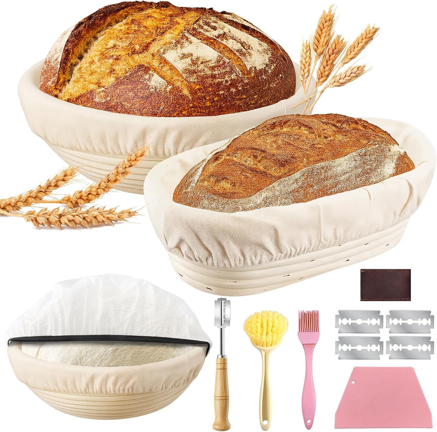 Kit Cestino Lievitazione Pane, Incl. Cestini Lievitazione Pane Rotondi 23cm & Ovale 25cm, Copertura per Impasto, Bread Lame, Tagliapasta Spatola, Pennello da Cucina - Kit Panificazione