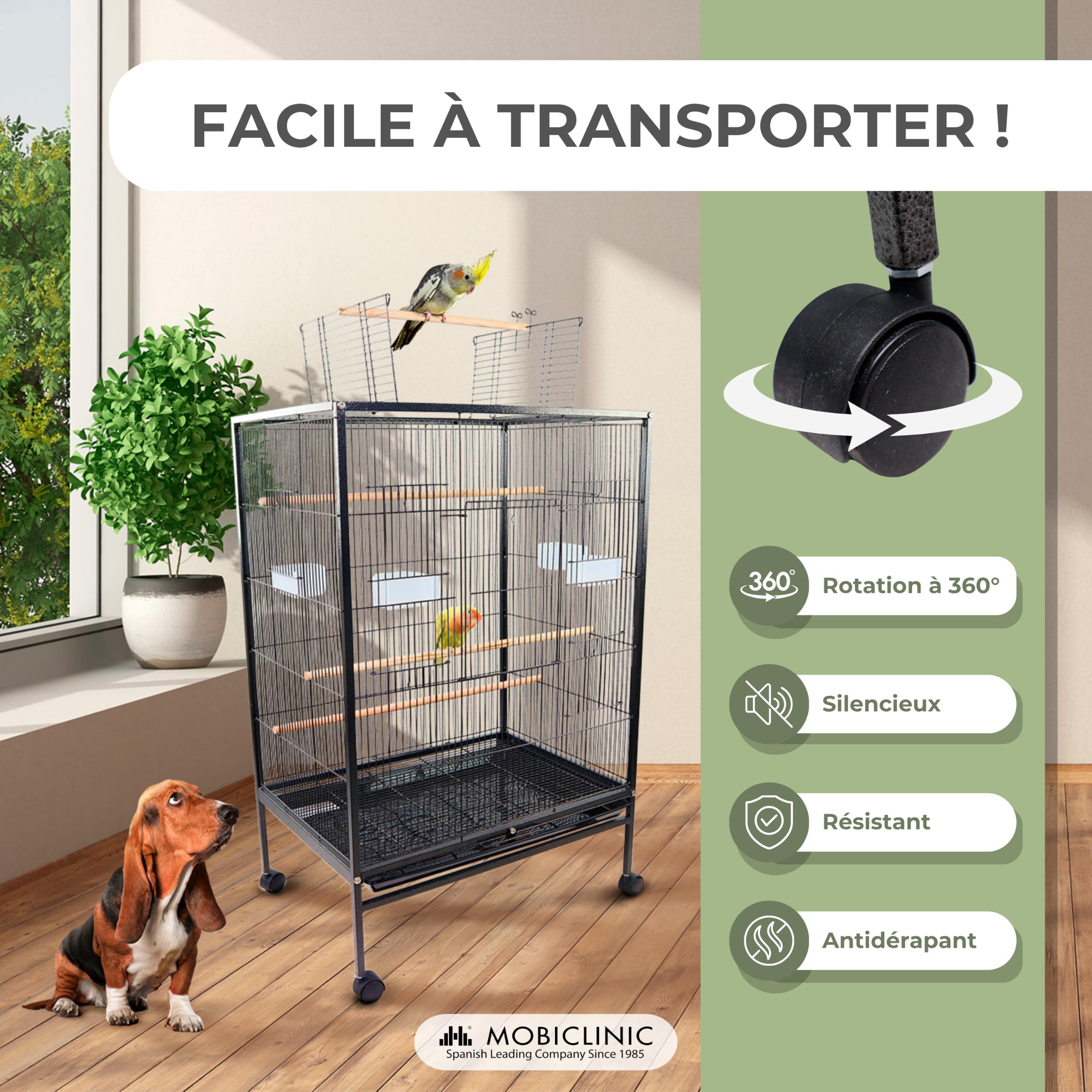 Mobiclinic Cage à Oiseaux XL 95x43x61.5 cm Roues de Transport Freins Ouverture Supérieure Plateau Amovible 8 Portes