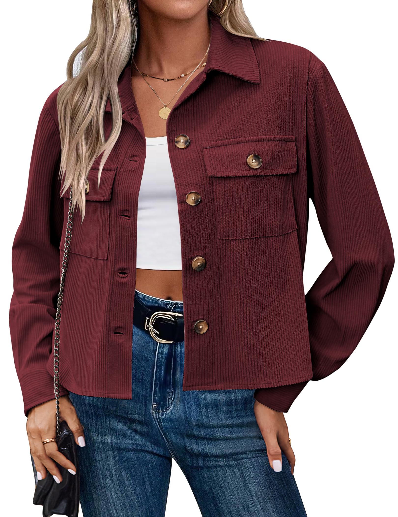 Hotouch Cordjacke Damen Langarm Button Down Blouson Jacke mit Taschen Casaul Jacken Kurze Cord Jacke