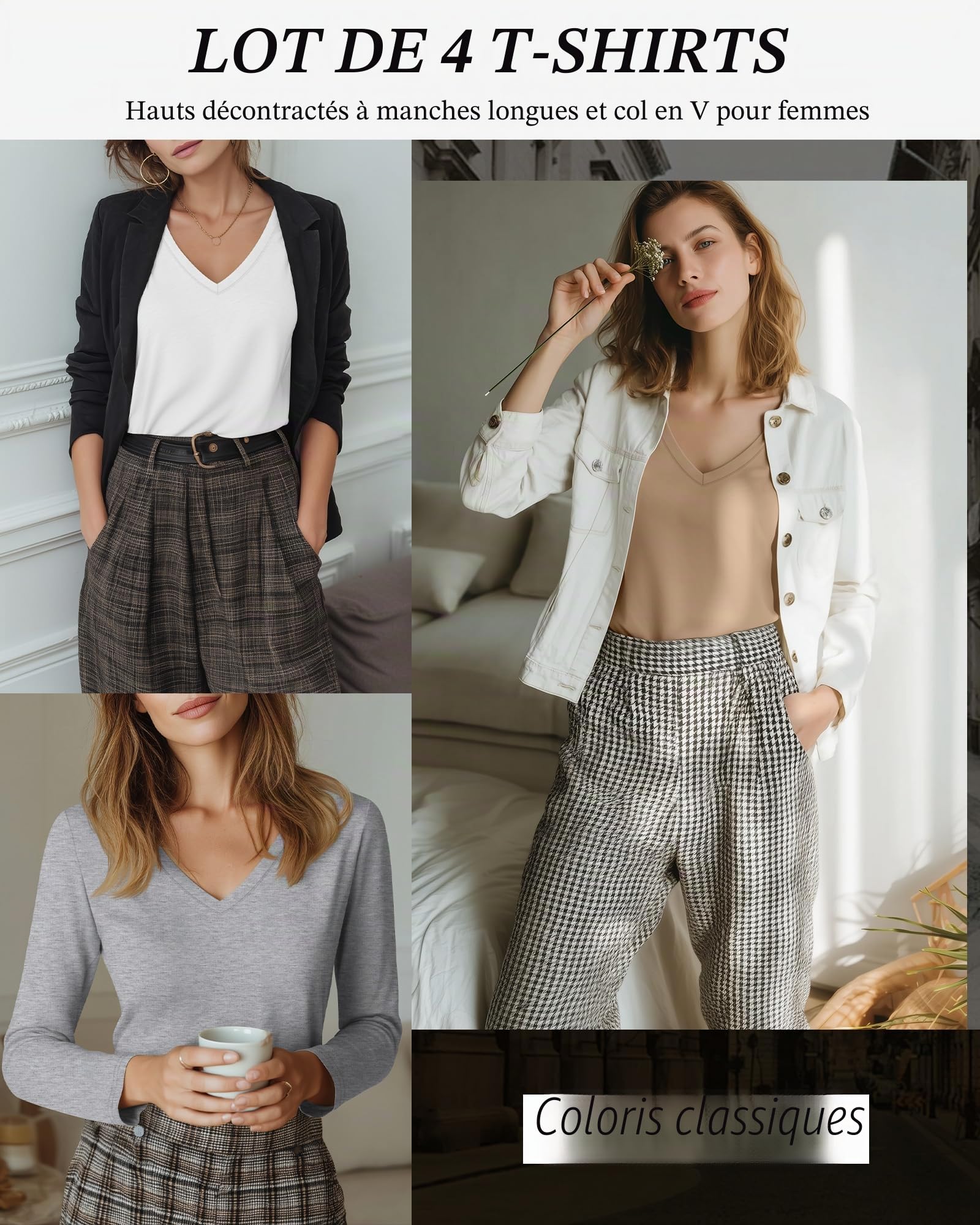 Neer Lot de 4 T-Shirts pour Femme, Col en V, Manches Longues, Décontractés, Coupe Ample, Basiques, à Superposer, Ourlet Droit | Chemises basiques à superposer - Coupe légèrement ample - Décontractée pour femme - Ourlet droit - Uni - Tissu doux