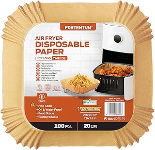 PORTENTUM Sıcak hava fritözü için fırın kağıdı, 100 adet, BPA içermez, 20 – 24 cm, Airfryer fırın kağıdı, parşömen kağıdı, astar, Cosori Philips Cecotec Midea Russell Hobbs XL XXL Airfryer ile uyumlu