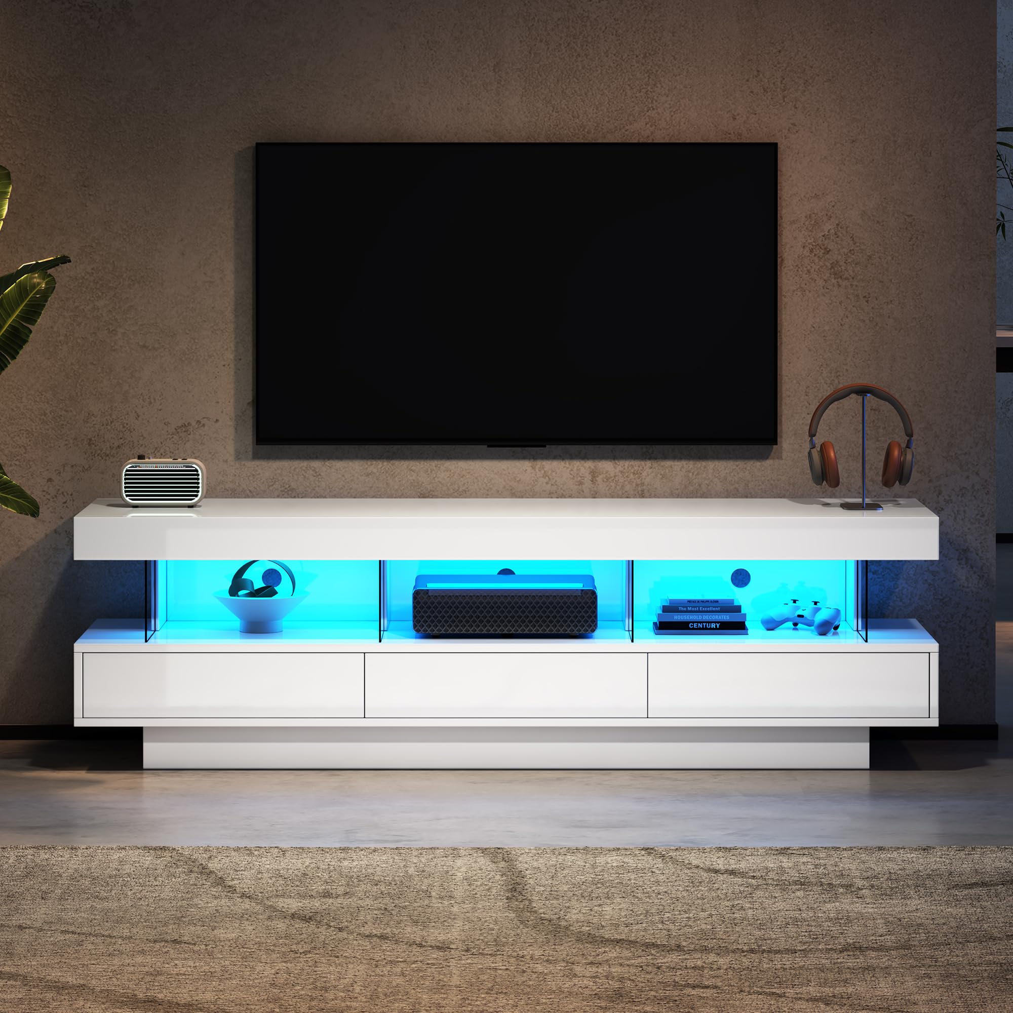 BTM TV Cabinet, TV Stand Cabinet with 3 Drawers & 3 Open Storage Space, White High Gloss TV Unit with LED Lights via Bluetooth, TV Unit for 70-79 inch TV, 160x38x50.5cm