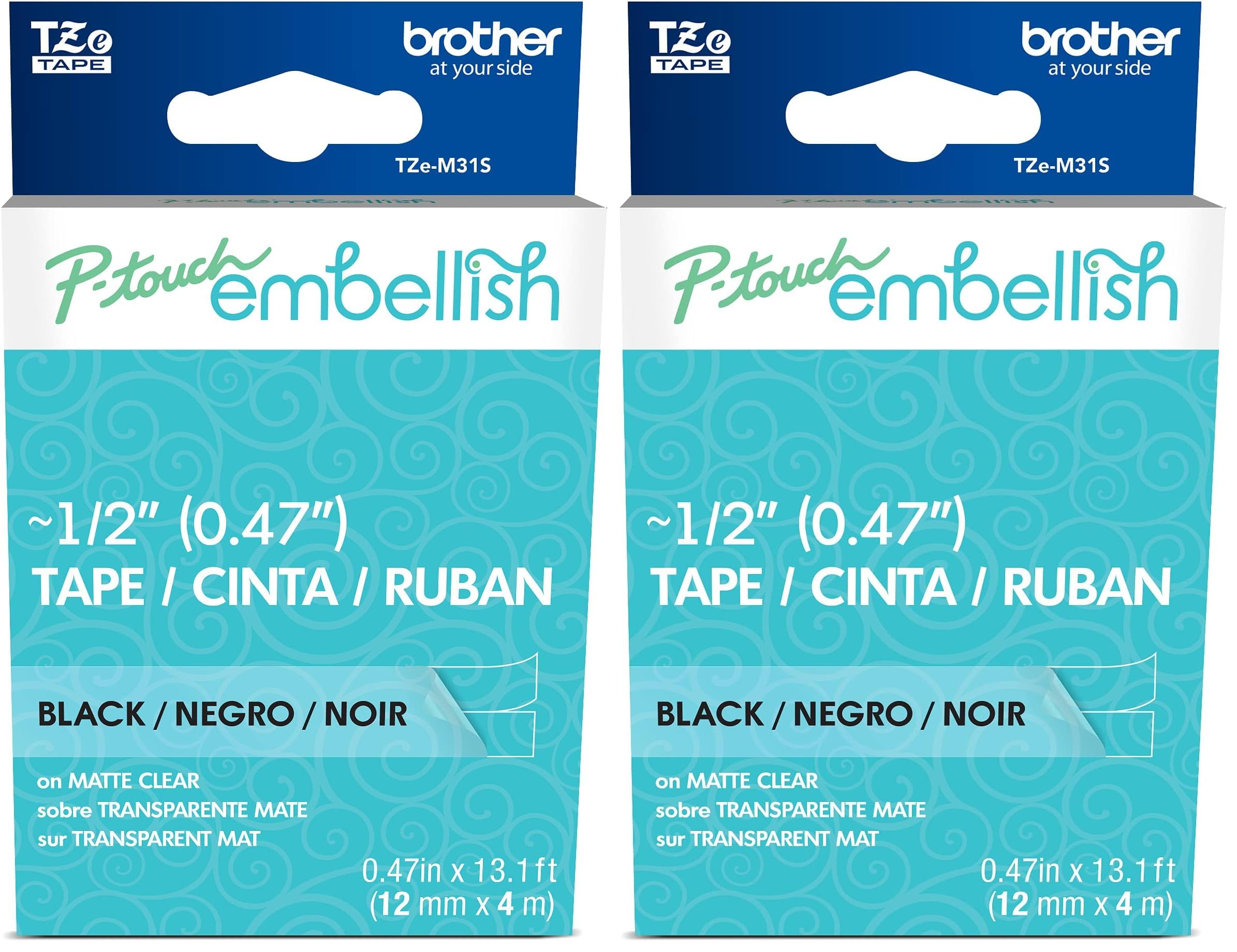 Brother P-Touch Embellish Black Print on Matte Clear Tape TZEM31S - Patterned Tape, 2 Pack of 12mm x 4m, for P-Touch Embellish Printer