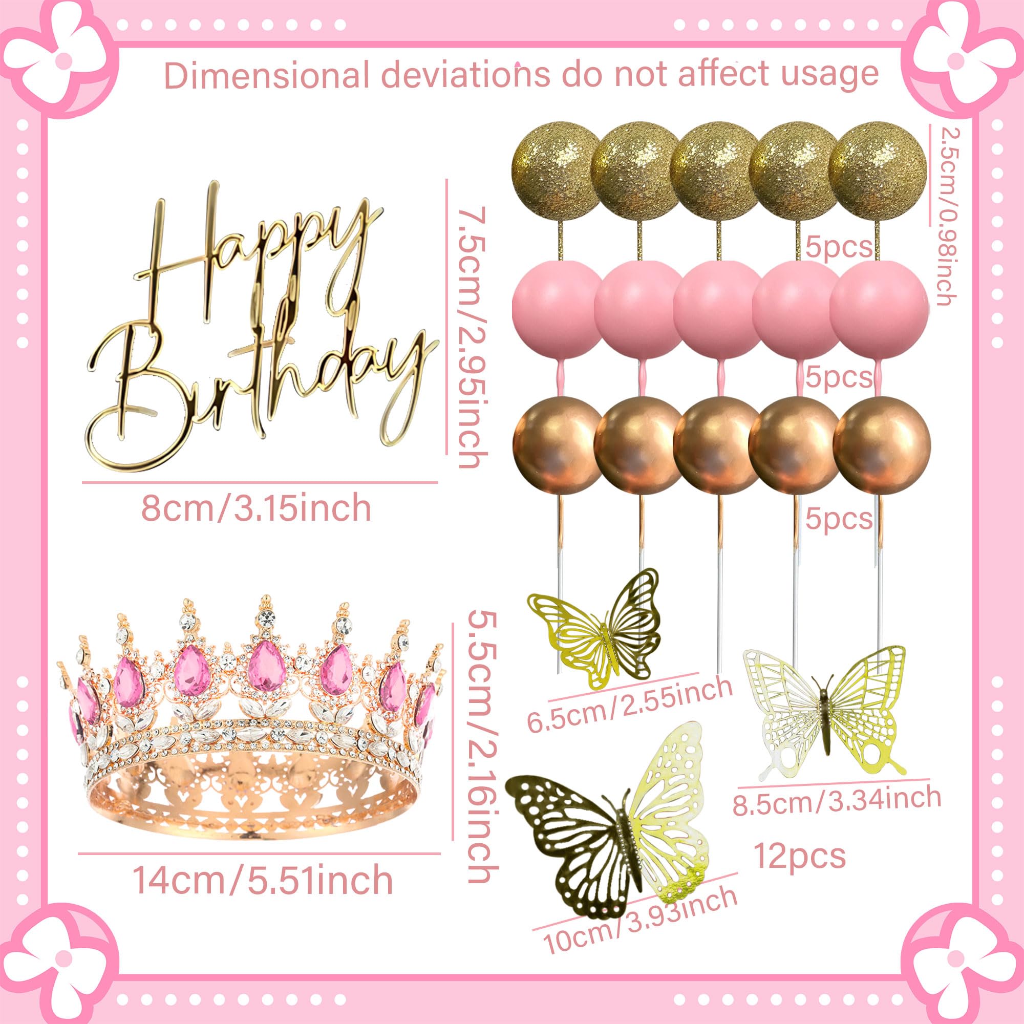 Pink Crown Cake Topper Gold Balls Cake Decor Crown Birthday Gold Butterfly Sign for Birthday Baby Shower - Image 2