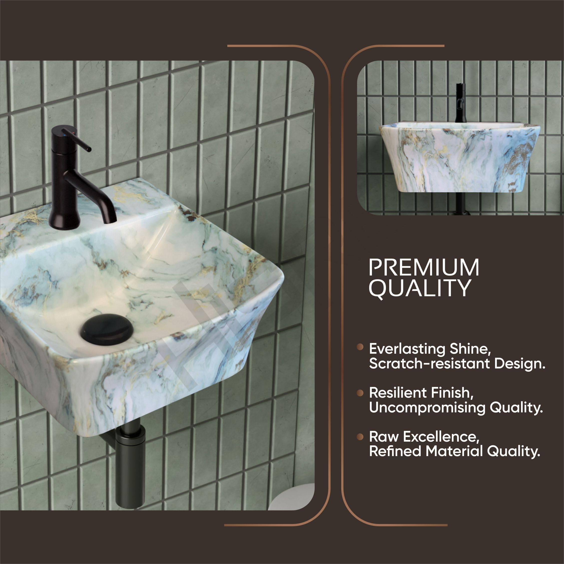 HISRE Wall Mount Wash Basin 13x13x5 Inch | Black Gold Marble Finish Ceramic Sink (White & Marble Design, 13x13x5), photo 3 of 5