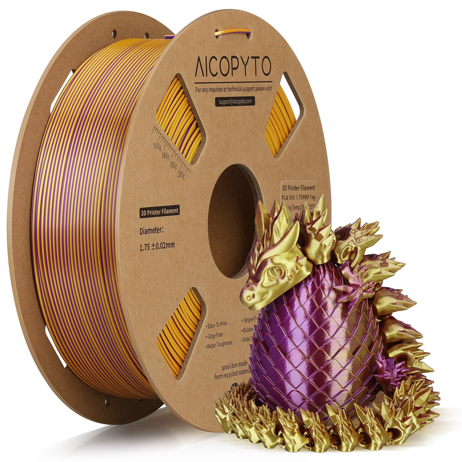 3D Printer Silk PLA Filament 1.75mm, Shiny Dual Color Gold Purple, Dimensional Accuracy +/- 0.02 mm, 1KG (2.1lbs)/Spool Easy to Print for Most FDM 3D Printers
