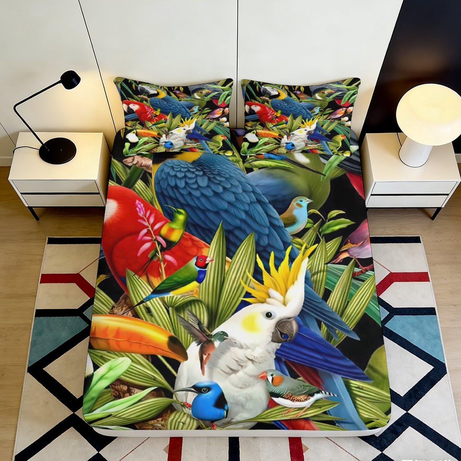 3D Printed Tropical Parrot Fitted Sheet Microfiber Soft Breathable Rainforest Leaves Mattress Cover for Bedroom Decor 90x200x25cm