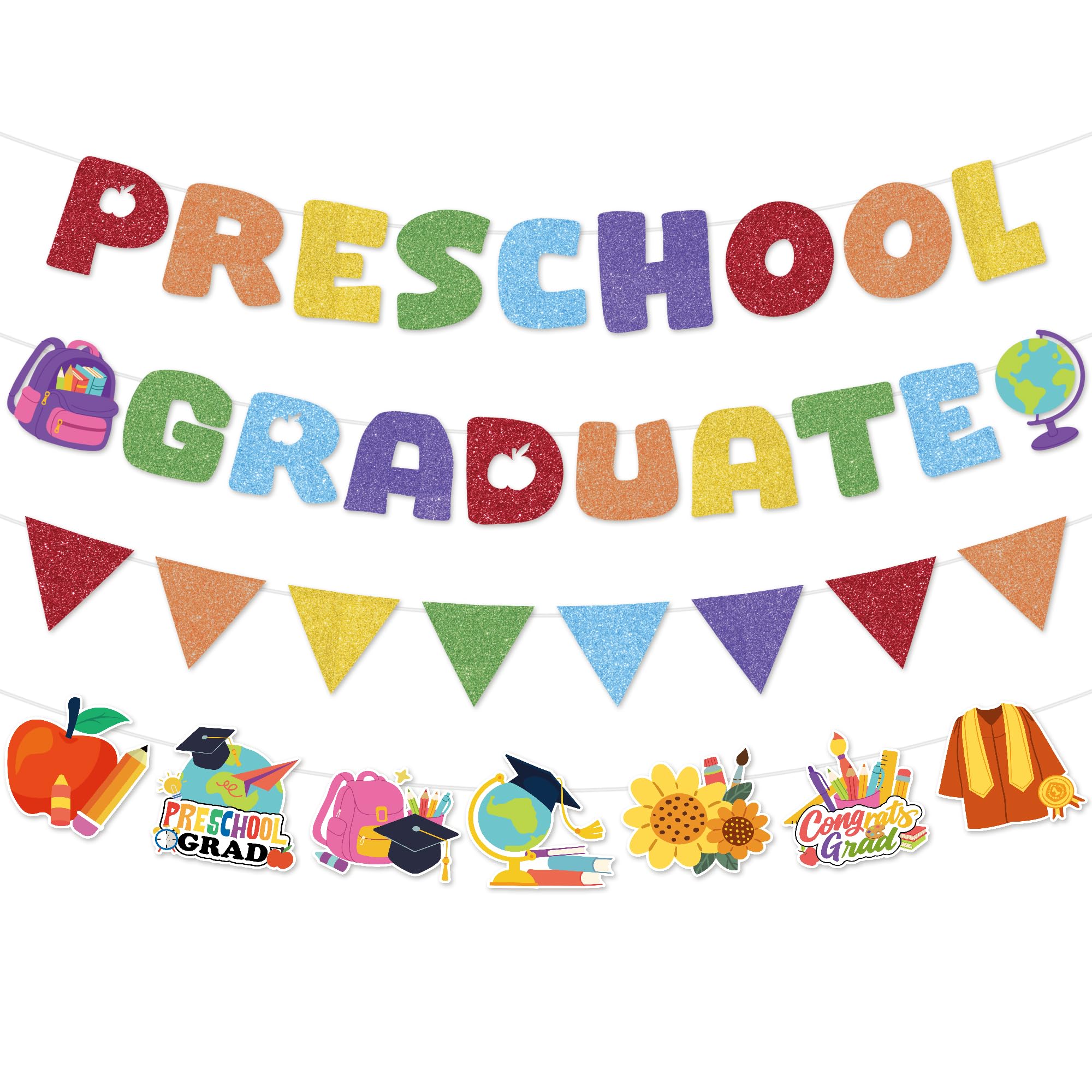 Preschool Graduation Decorations Banners 4pcs, Preschool Graduate Party Banners with Rainbow Glitter Letters Triangle Flags and Cartoon Signs, Kindergarten Graduation Party Supplies