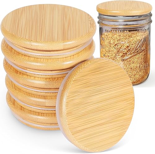 Miniatura 1 de Paquete de 6 tapas para tarros de bambú de boca regular, tapas de tarro de bola de madera con sello de silicona hermético, perfectas para