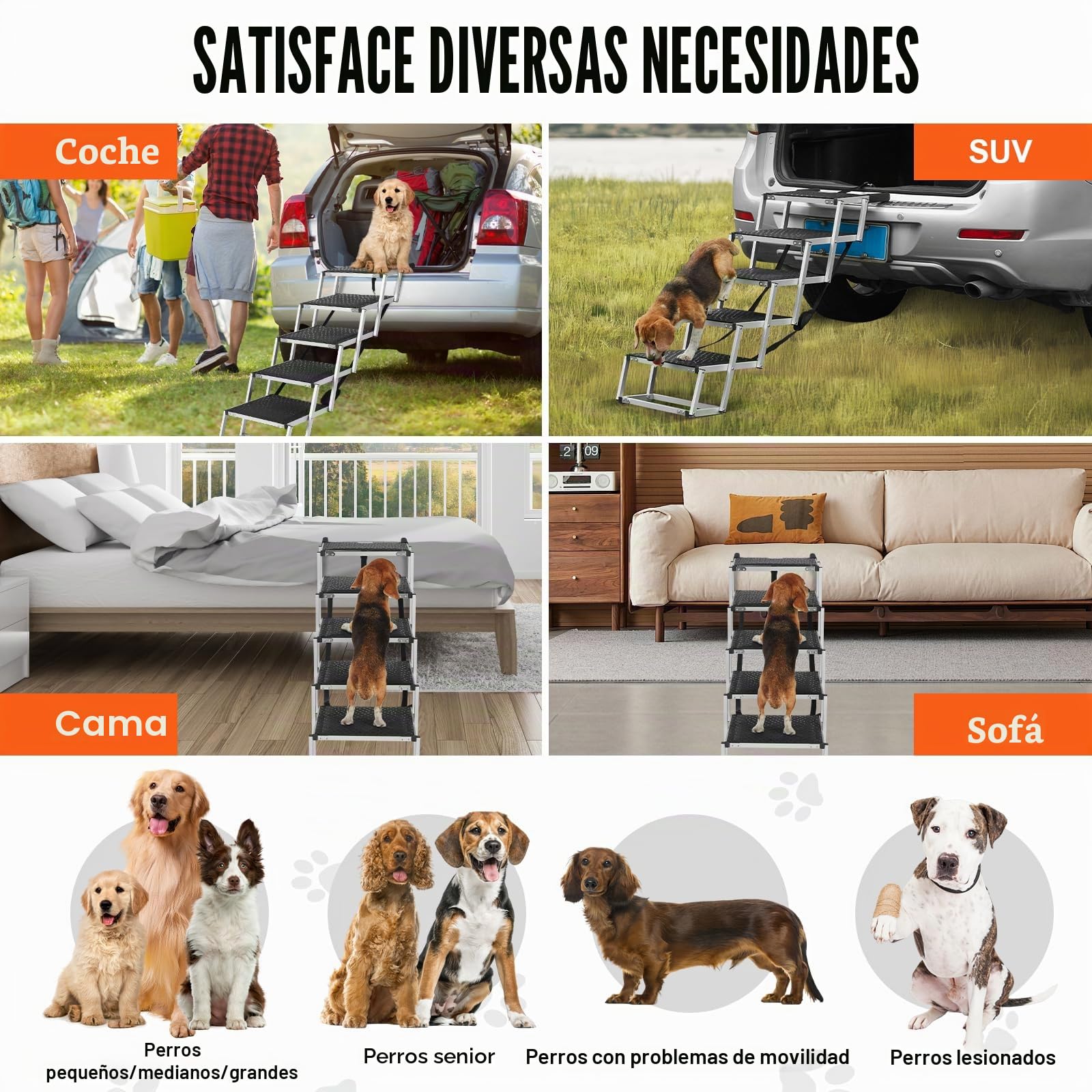 VEVOR Escaleras para Perros para Coche de 5 escalones, Carga de 68 kg Rampa Plegable para Perros de Aluminio Ligero con Superficie Antideslizante Escalones Portátiles de Mascotas para Coche y Camión