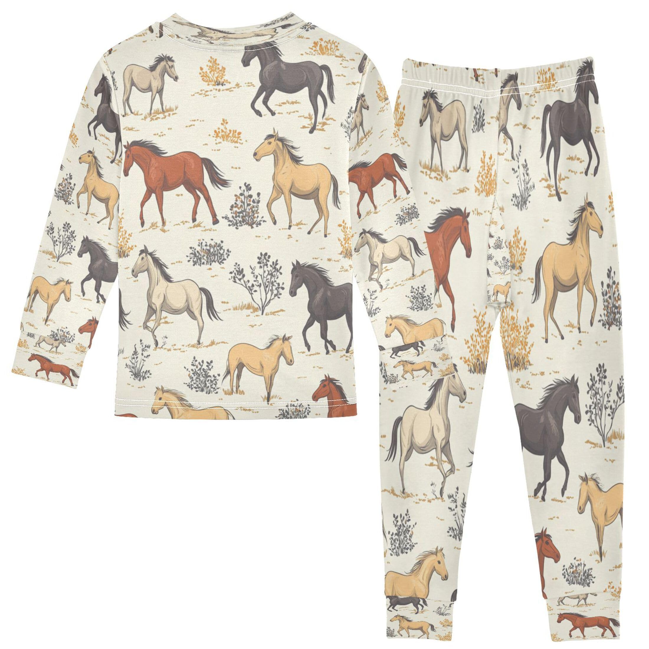 Vozoza Retro Horses Nature Pajama Sets Long Sleeve Top with Pants Cotton Soft Sleepwear 2 Piece Pjs Set Size 4T Multicolor