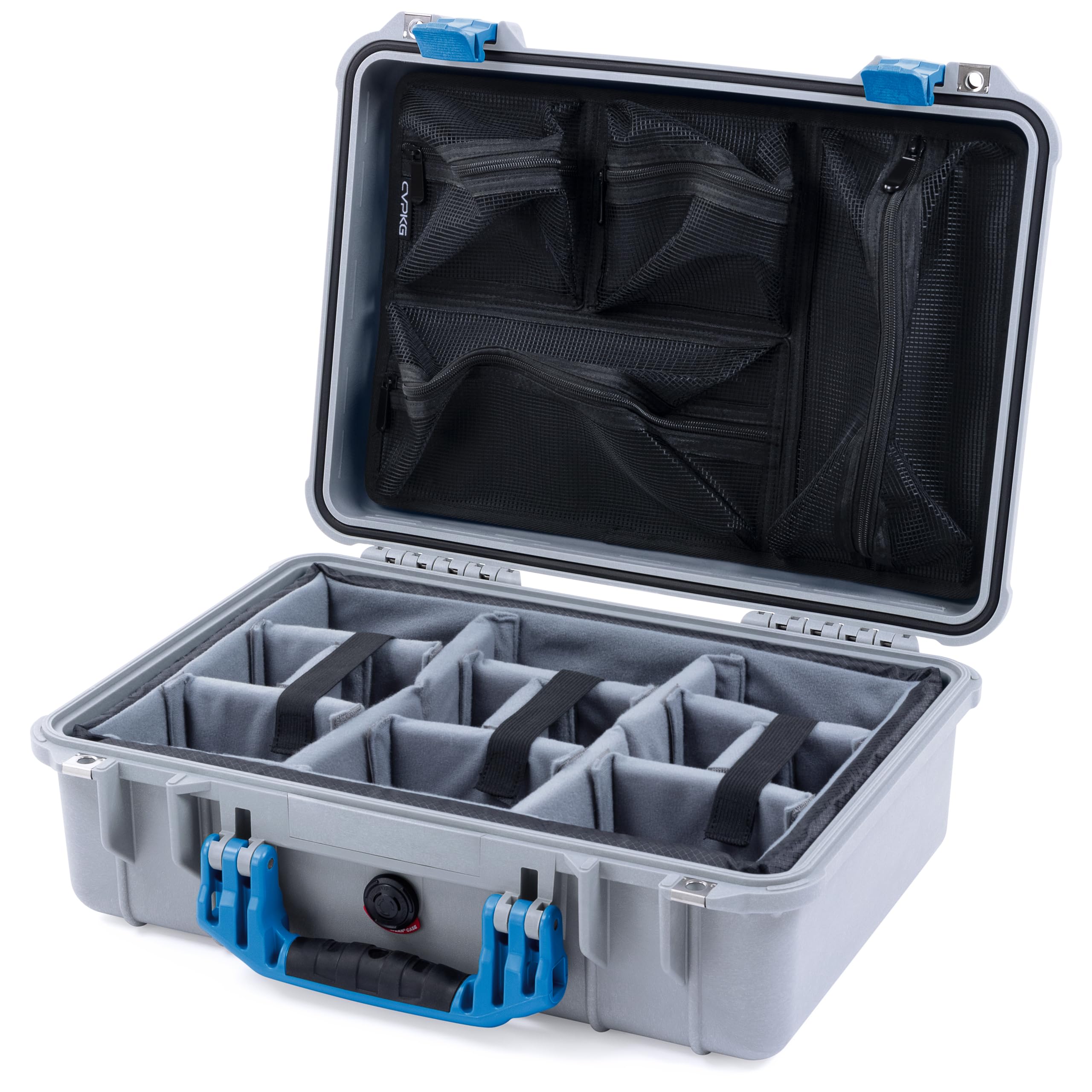 ColorCase Pelican 1500 Case Silver - Medium Size Waterproof Case with Gray Divider & Mesh Lid Organizer - Blue Handles & Latches