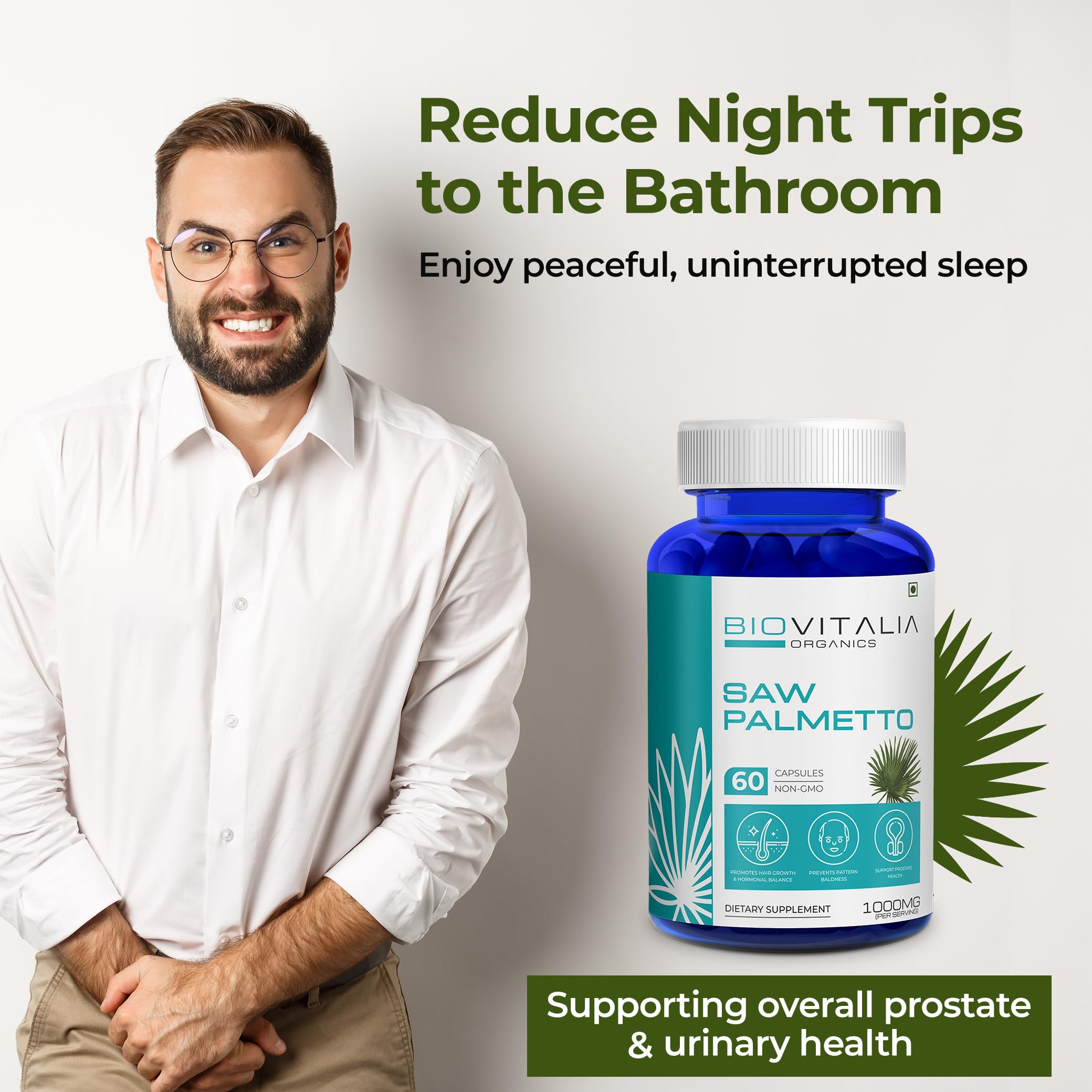 Biovitalia Saw Palmetto Extract Capsules 1000mg Dietary Supplement for Hair Growth | Supports Prostate Health & Urinary Function | Good & Natural Support for Men & Women - 60 Veg Capsules