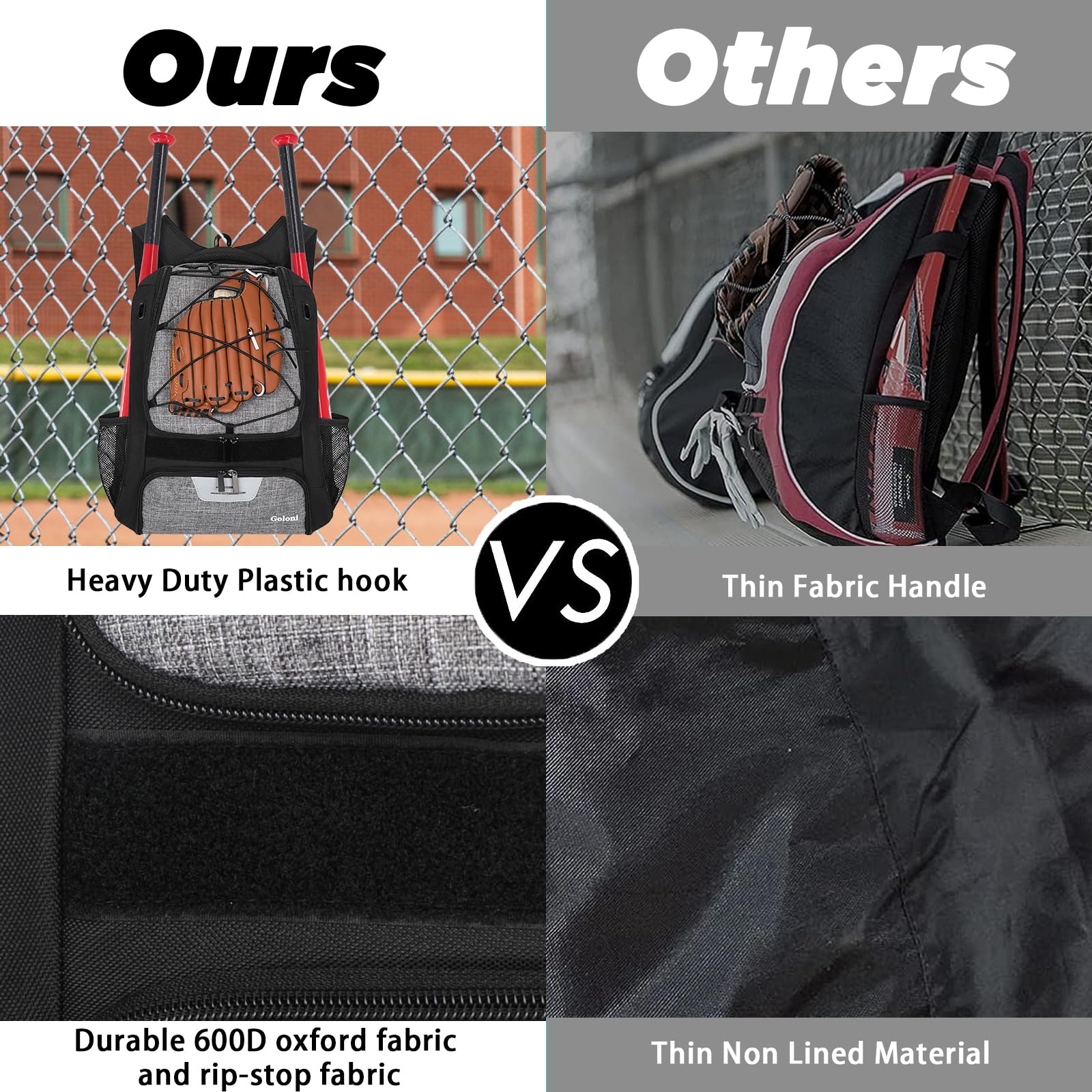 Goloni | Sac à dos de baseball, sac de baseball pour adulte, sac de batte de softball avec compartiment à chaussures, grand compartiment principal pour casque et accessoires, crochet de clôture