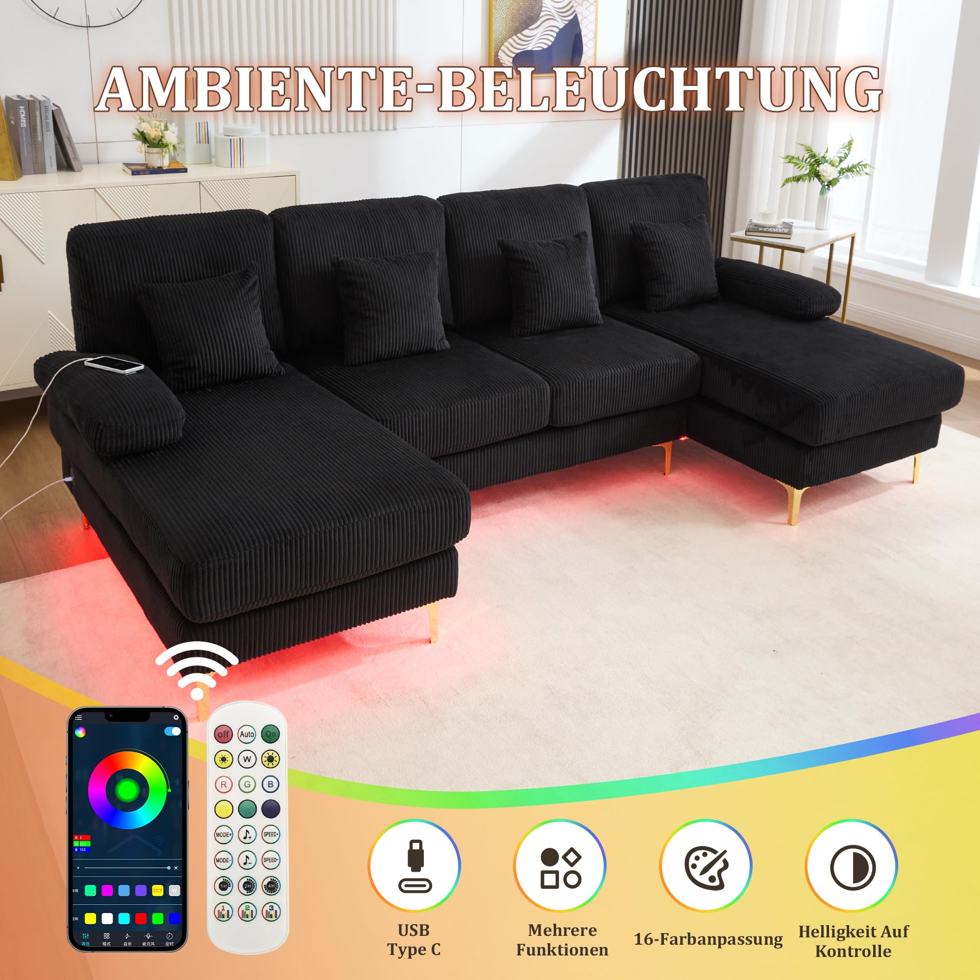 Sapgaks Canapé Moderne en Forme de U avec éclairage d'ambiance LED et Port USB+Type-C,canapé 4 Places avec 4 Coussins Luxueux et Dossier Ergonomique Haut de Gamme,Velours,Noir