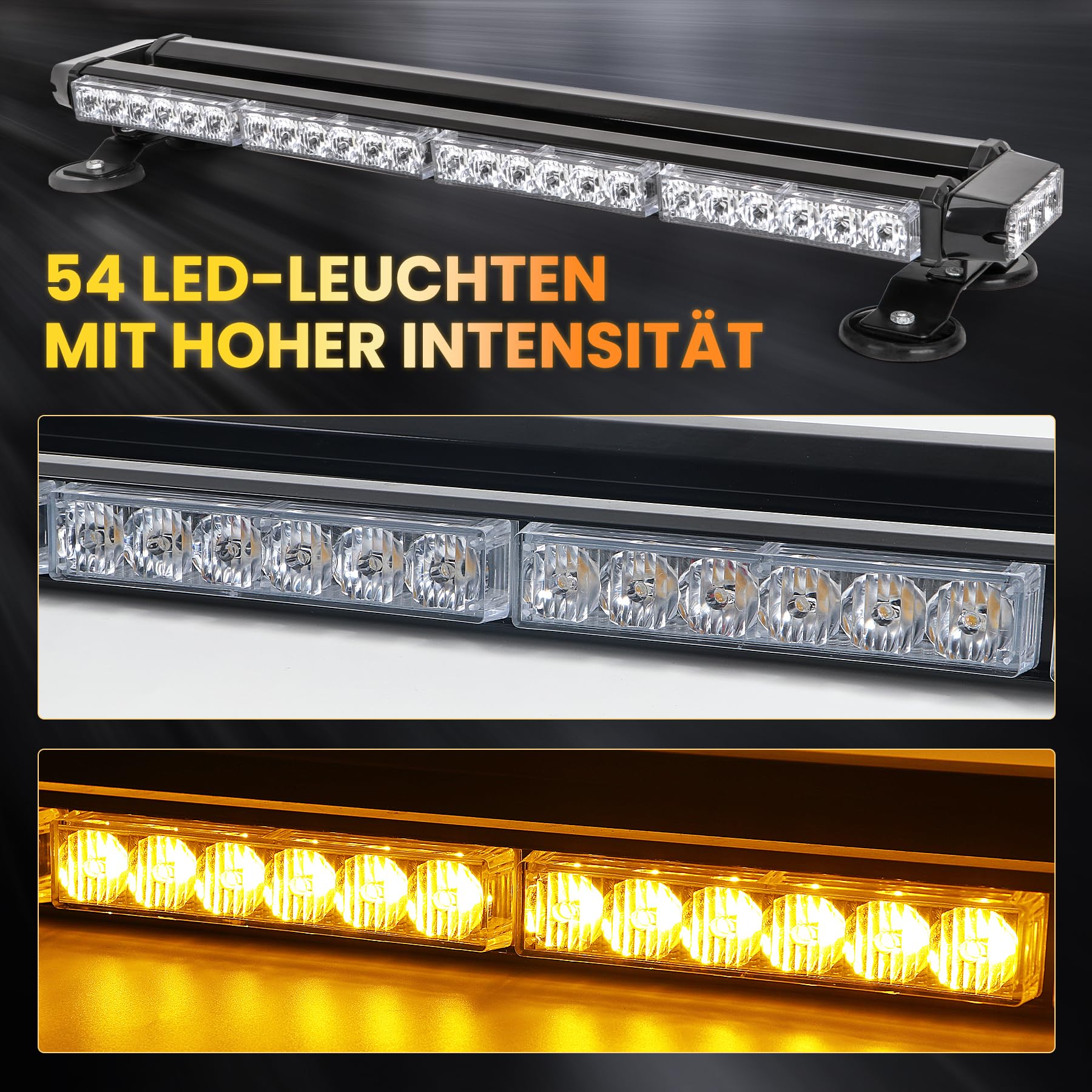 67cm 54 LED Rundumleuchte Blinklicht -7 Modi 12/24V Blitzleuchte Amber Warnleuchte Magnetische Notfallblinklampe Wiederherstellungswarnung gelbes Decke Licht (Gelb)