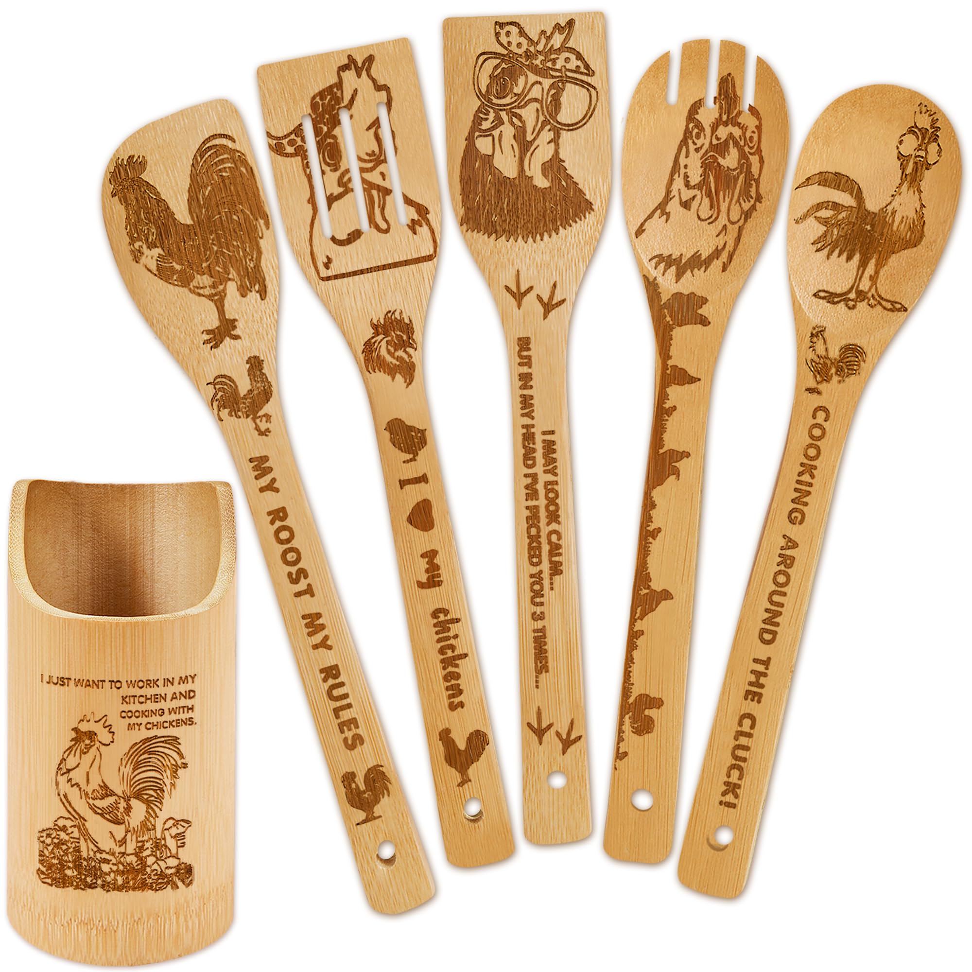 Juego de 6 cucharas de madera de bambú para cocinar (gallo)