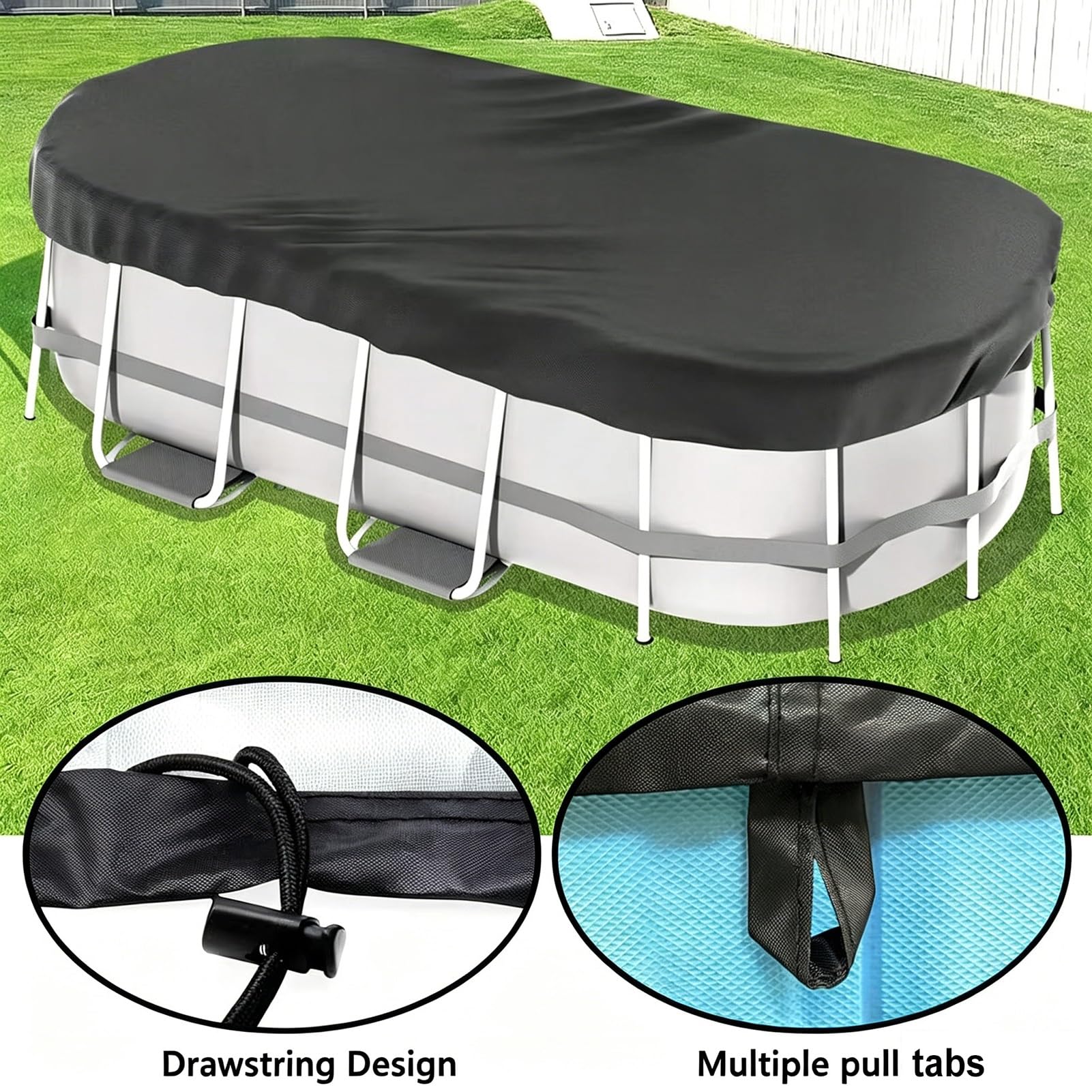 Cobertor Piscina Ovalada 9x18FT, Tela Oxford 420D Cubre Piscinas, Resistente al Agua, al Polvo y al Desgarro Cobertor Piscina Invierno con Cuerda y Estacas para el Suelo