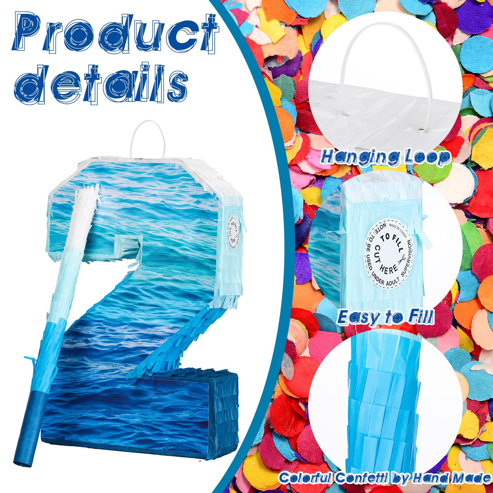 Piñata número 2 grande azul degradado con palo venda para los ojos y confeti colorido piñatas para fiesta de segundo cumpleaños para niños y niñas, decoración temática de celebración de