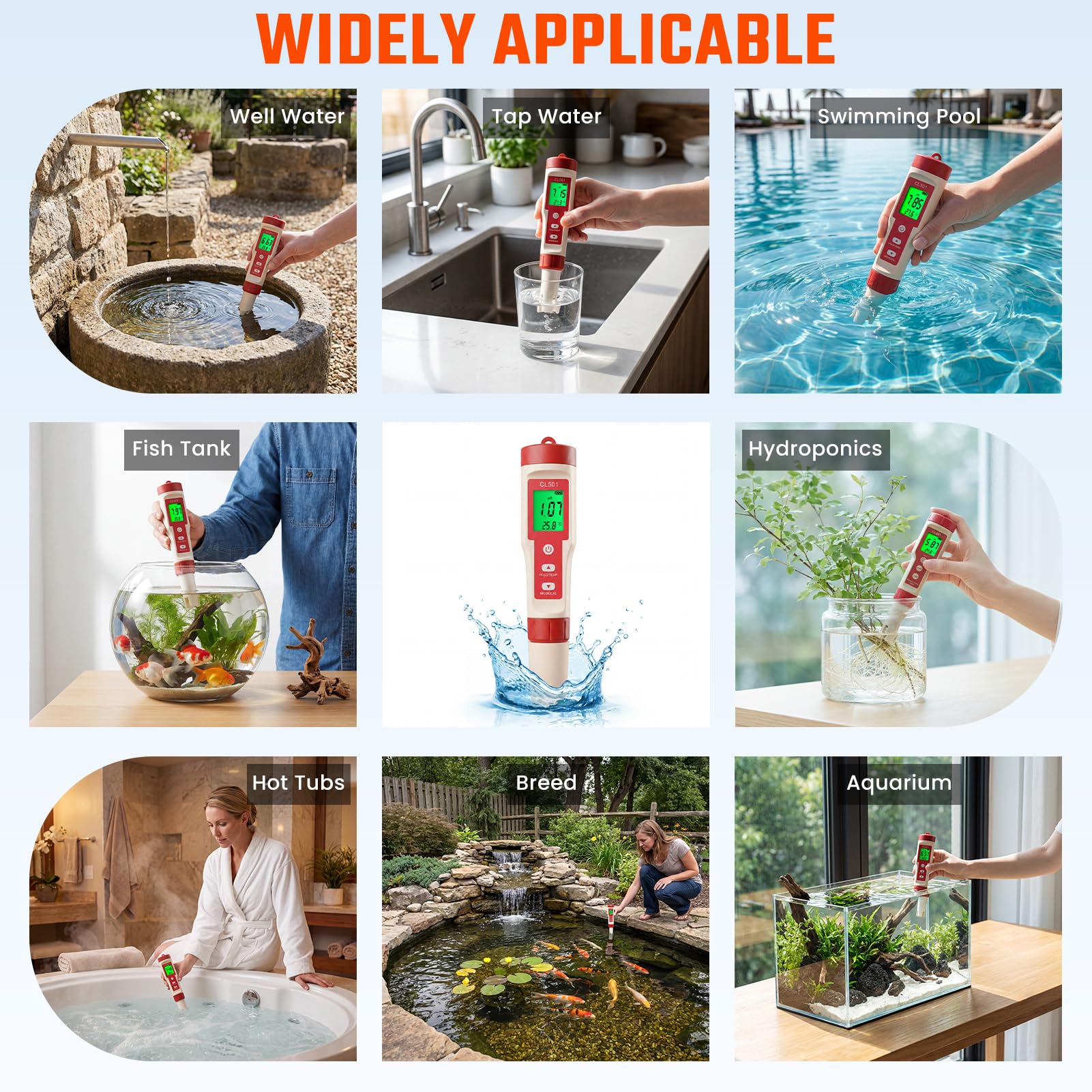PH Chlormessgerät Pool Digitales Wasserqualität Tester, 5 in 1 PH/Chlor/ORP/H₂/Temp Messgerät mit pH Teststreifen und LCD-Display, für Trinkwasser Spa Aquarium Hidroponik Hydrokultur