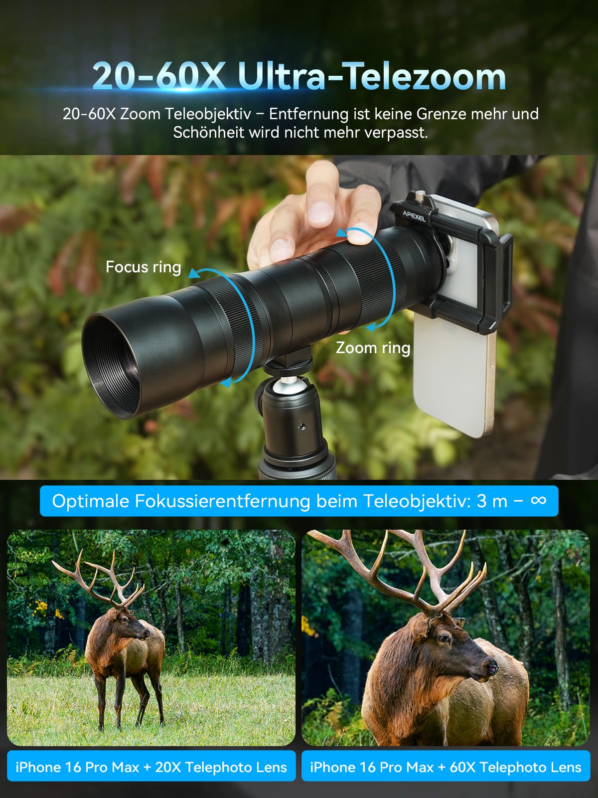 APEXEL Telecular 20-60x Professionelles Kompakt Zoomlinse für Smartphones-Teleobjektiv für Smartphones- Erfassen Sie entfernte Szenen mit Leichtigkeit