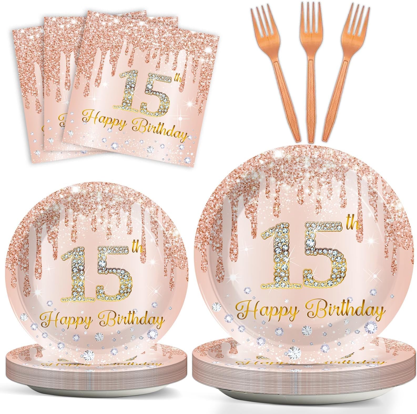 96Pcs 15th Birthday Party Plates and Napkins for 15 Year Old Birthday Party Supplies Rose Gold Paper Dessert Plates 15th Birthday Tableware Set for Girls Women 24 Guests Party Decorations