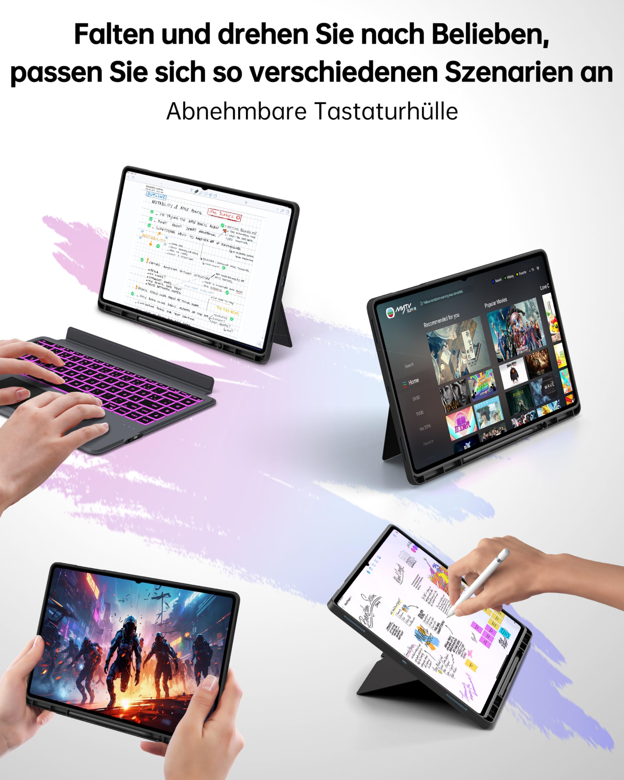 für Samsung Galaxy Tab S11 Ultra/S10 Ultra/S9 Ultra/S8 Ultra 14.6 Zoll Hülle mit Tastatur :Deutsches QWERTZ-Layout Tastatur mit Ai Key | 7-Farbige Beleuchtung Touchpad Tastaturen Hülle mit Touchpad