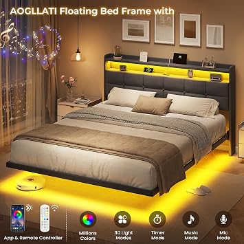 AOGLLATI 5ft Floating King Bed Frame 150×200CM with LED Lights & Charging Station, Metal Platform Bed frame with Upholstered Headboard, Easy Assembly, Noise Free, No Box Spring Needed, Dark Gray Linen