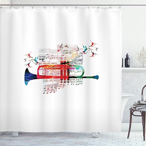 Lunarable Cortina de ducha de trompeta, diseño de instrumentos coloridos colibríes y notas musicales, arte de inspiración, juego de decoración de